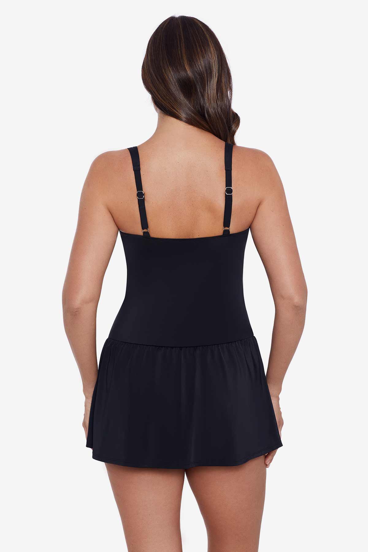 Woman faced away wearing a black skater swim dress