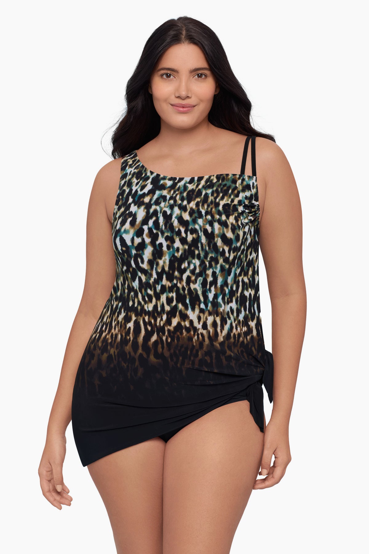 Woman wearing a swim dress with an ombre leopard print
