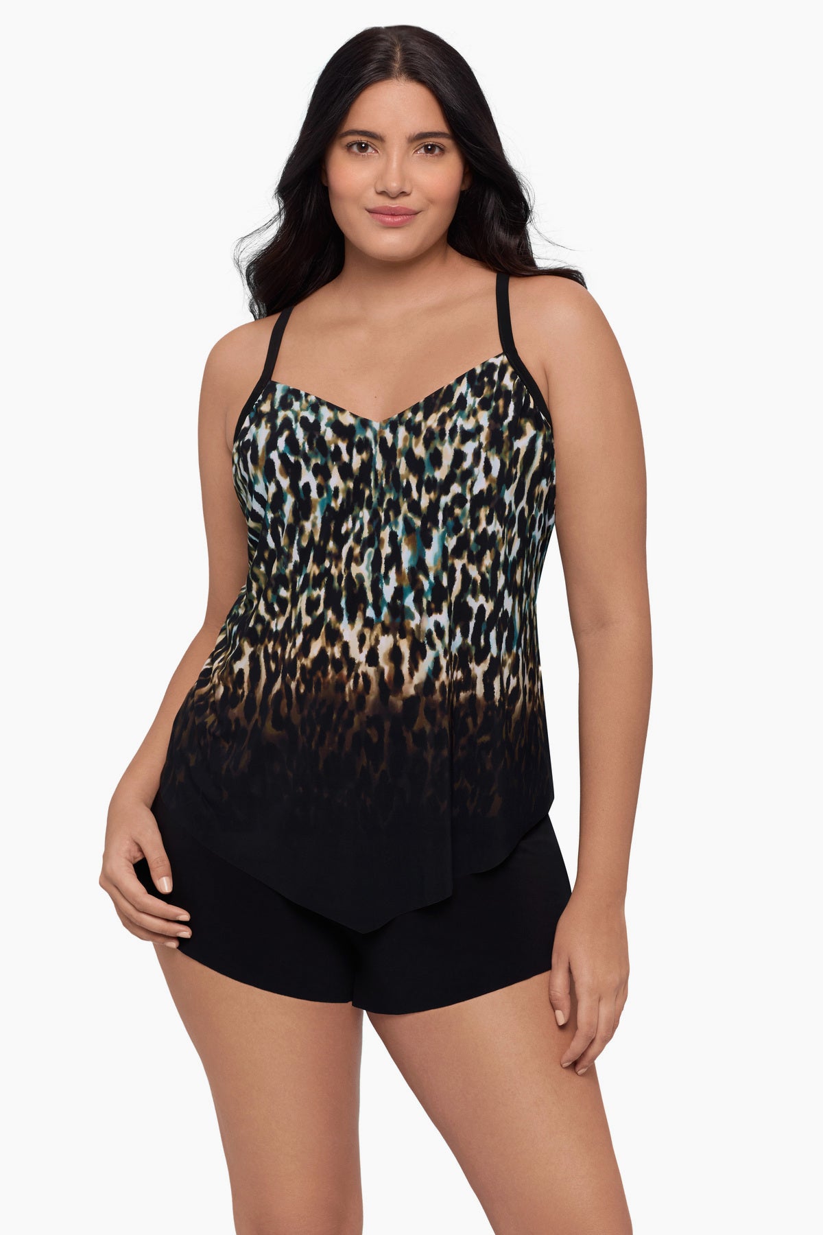 Woman wearing a tankini top with an ombre leopard print