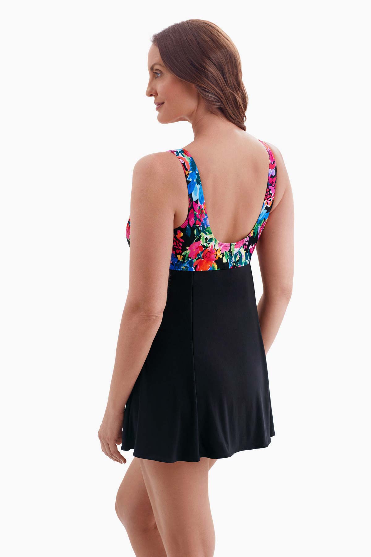 Woman turned left to show detail of swim dress