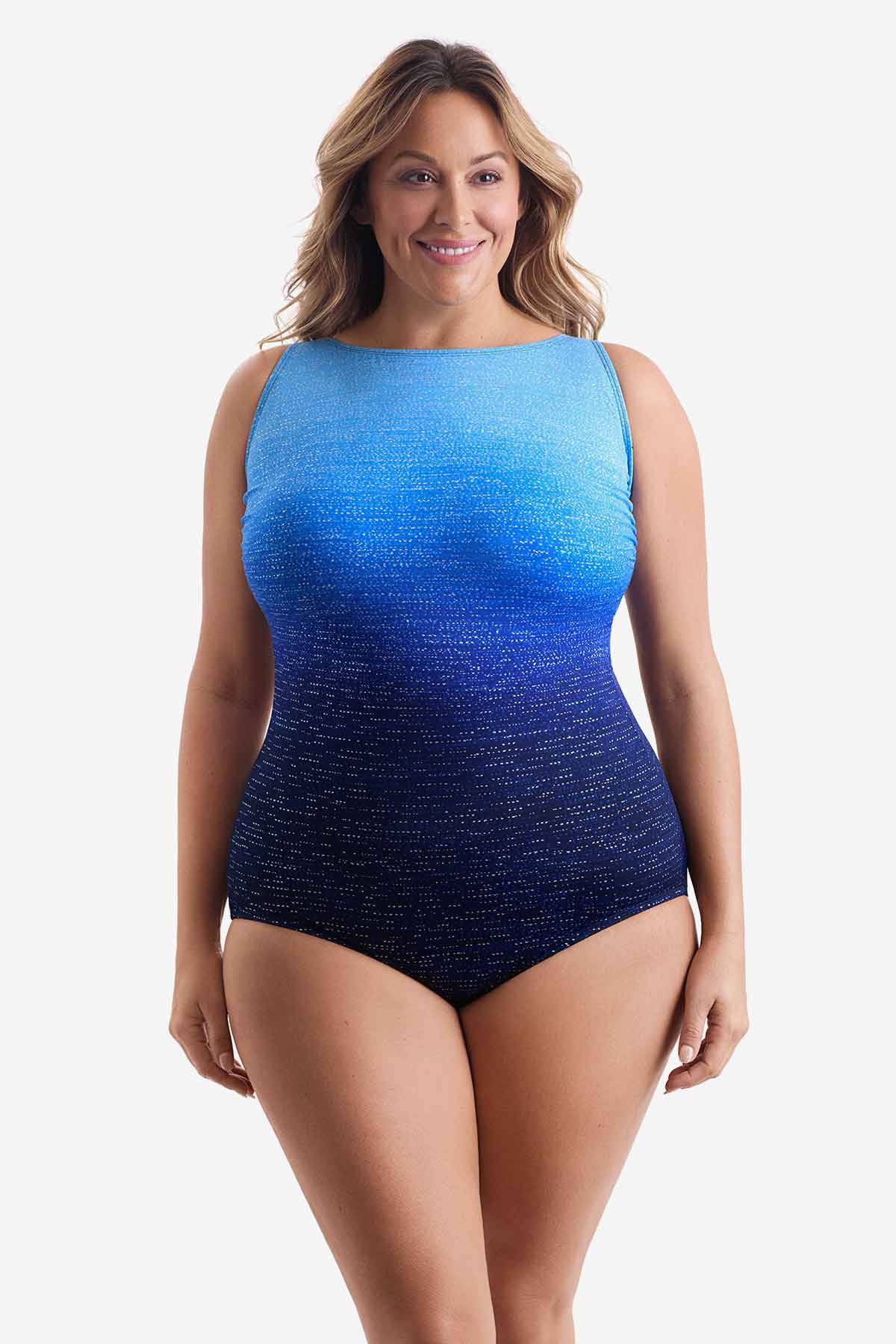 Woman wearing a one-piece swimsuit with a blue ombre pattern