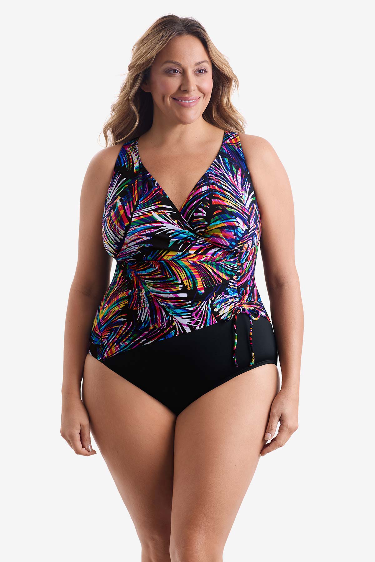 Longitude Plus Size Shirred Faux Tie Surplice Long Torso One Piece