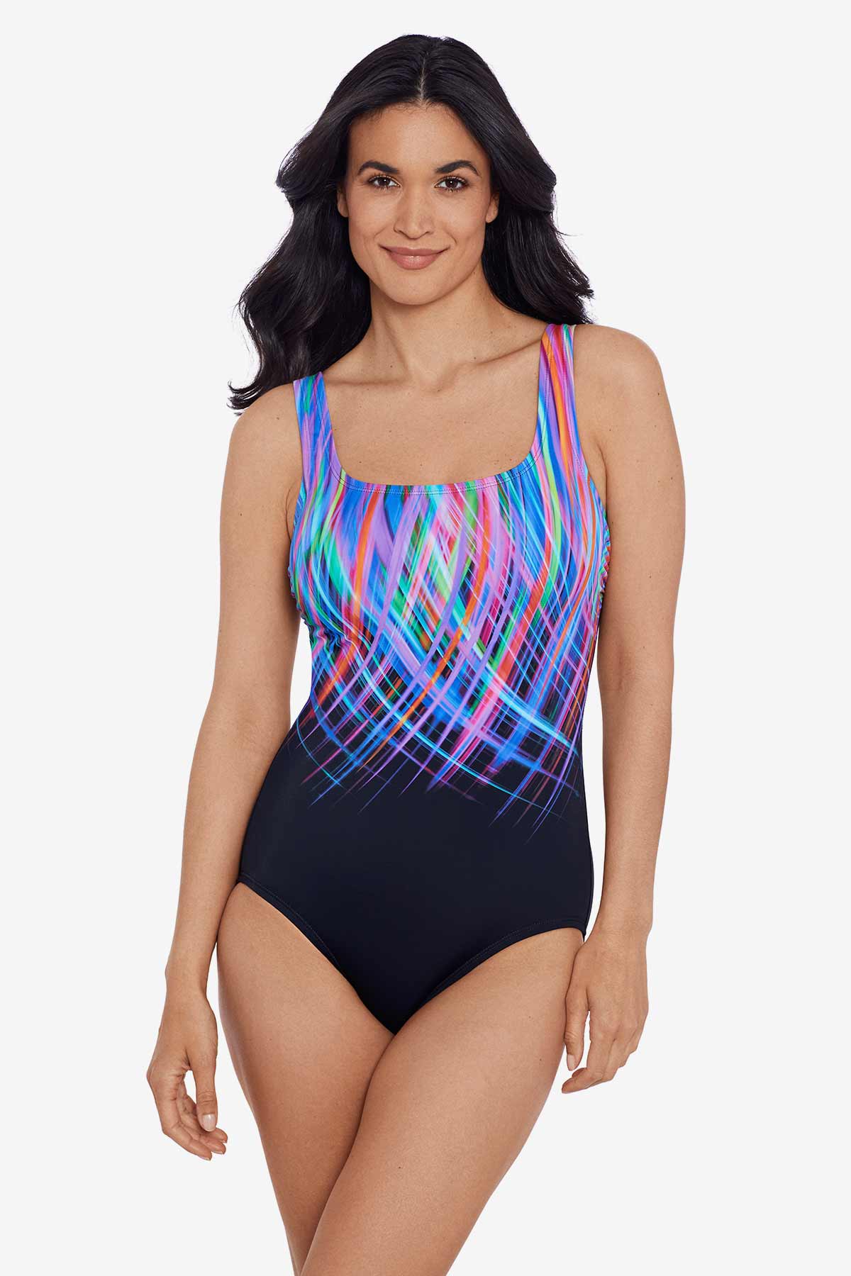 Woman wearing half rainbow streaked and black one-piece swimsuit