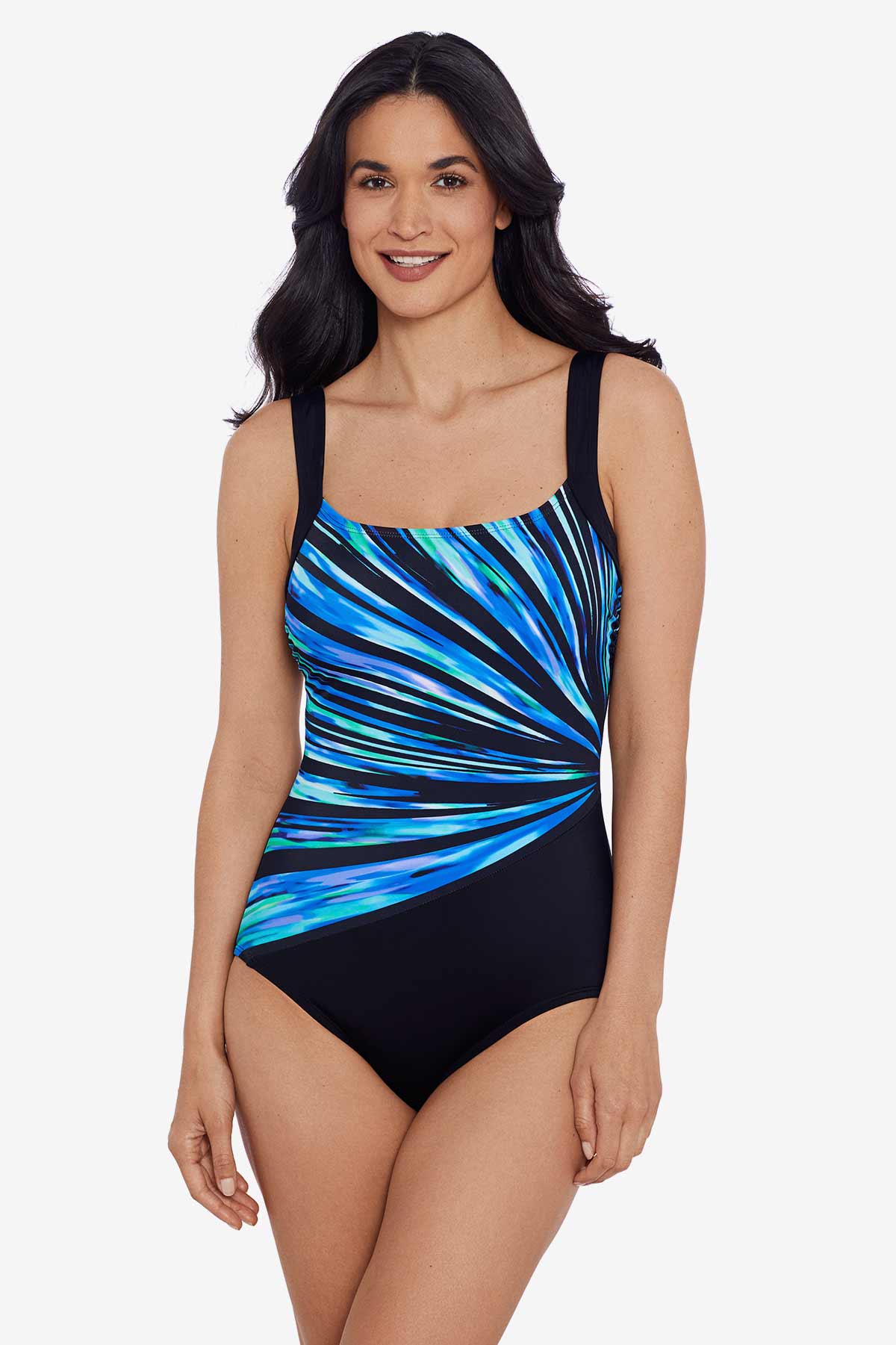 Woman wearing blue and black streak printed one-piece swimsuit
