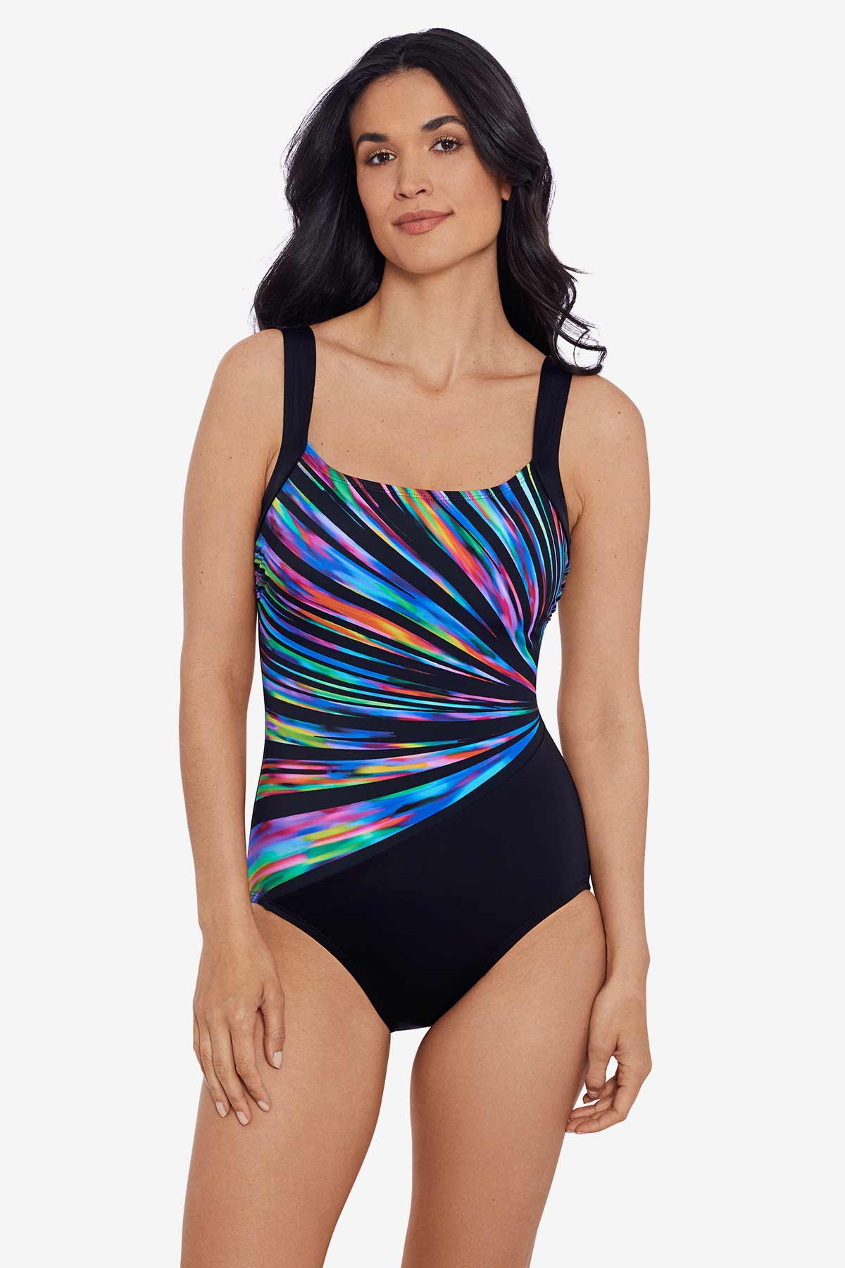 Woman wearing a rainbow streak printed one-piece swimsuit