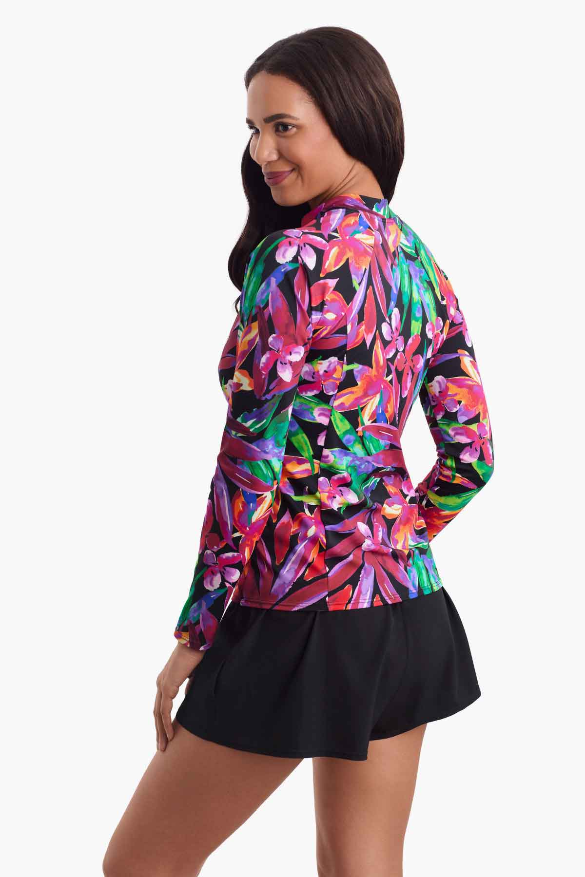 Woman faced left to show detail of sun shirt