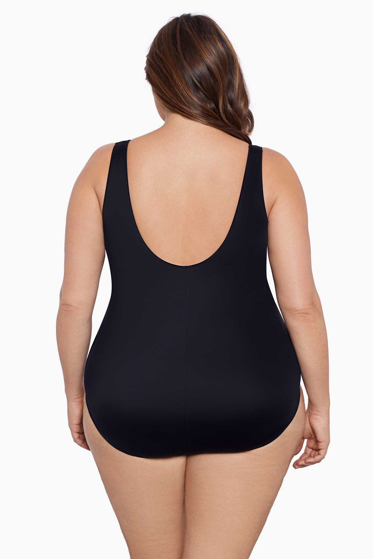 Woman faced away wearing a white-streaked fan tank one-piece swimsuit