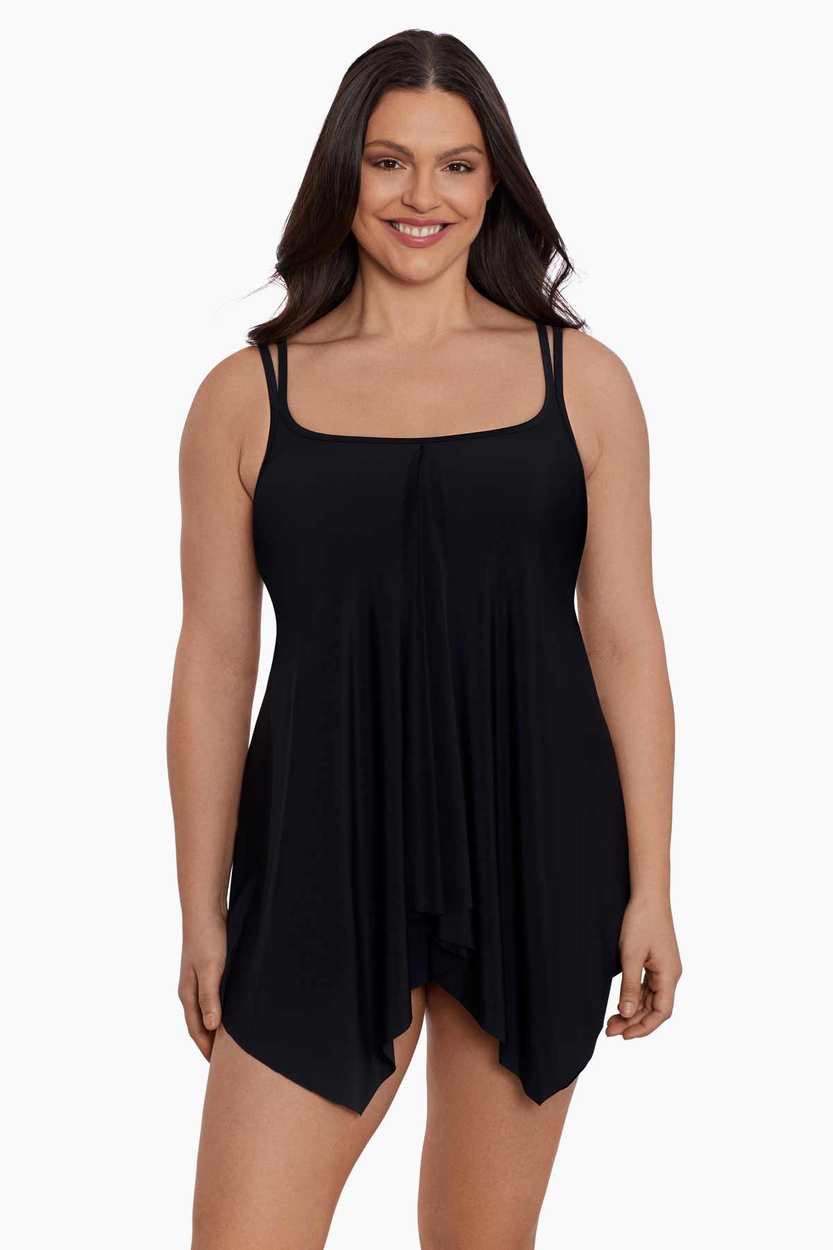 Woman wearing a black drapey swim dress
