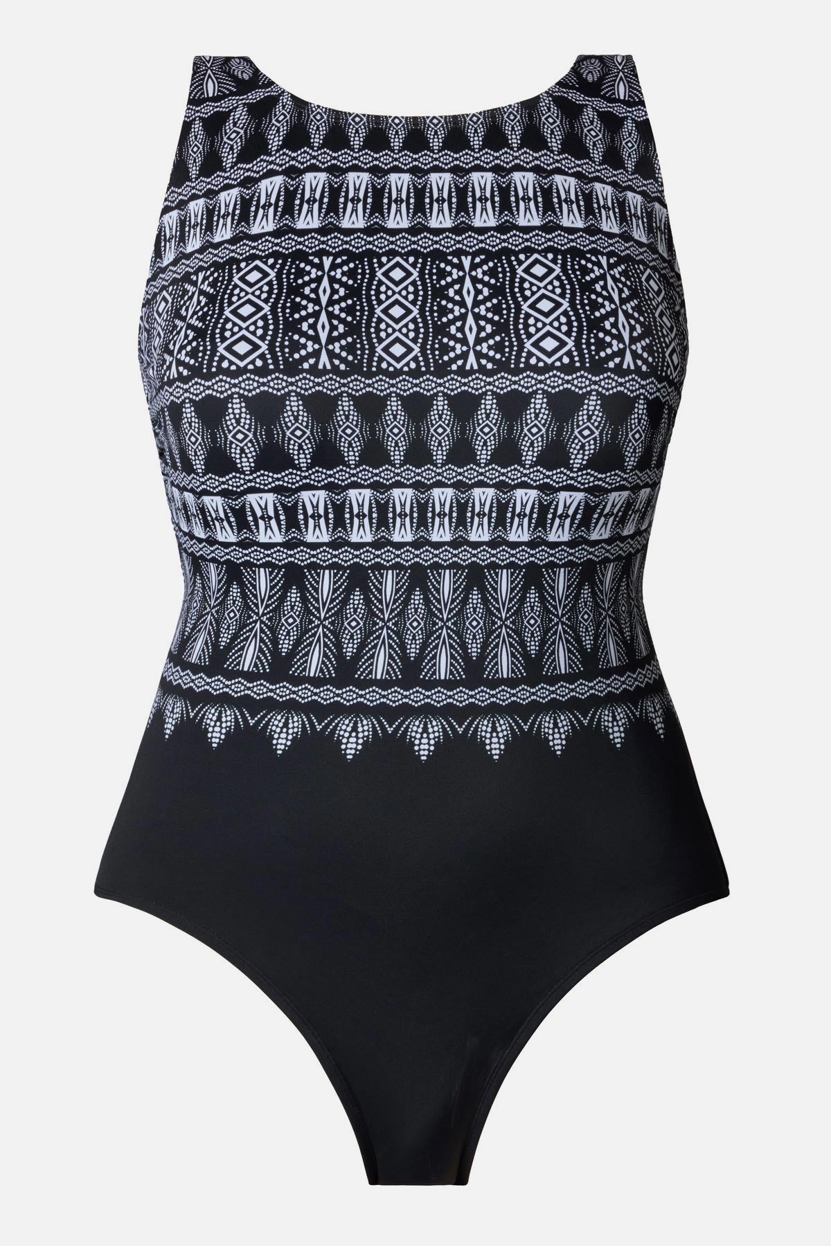 Black and white tribal printed one-piece swimsuit with a high neckline