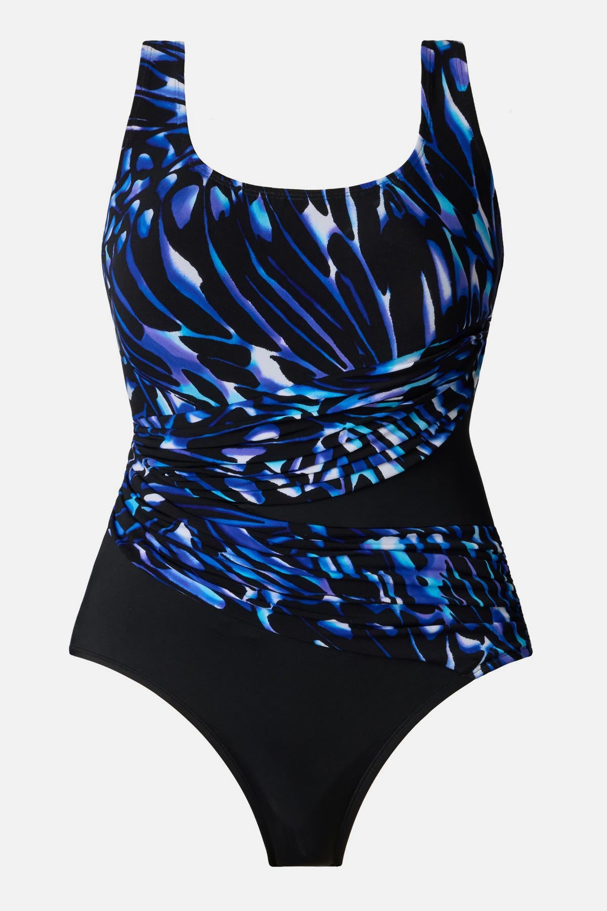 Blue abstract printed one-piece swimsuit with black color blocking