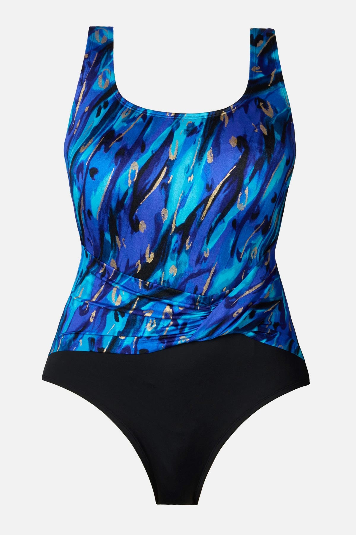 Blue and gold accented print one-piece swimsuit with a pull up sash