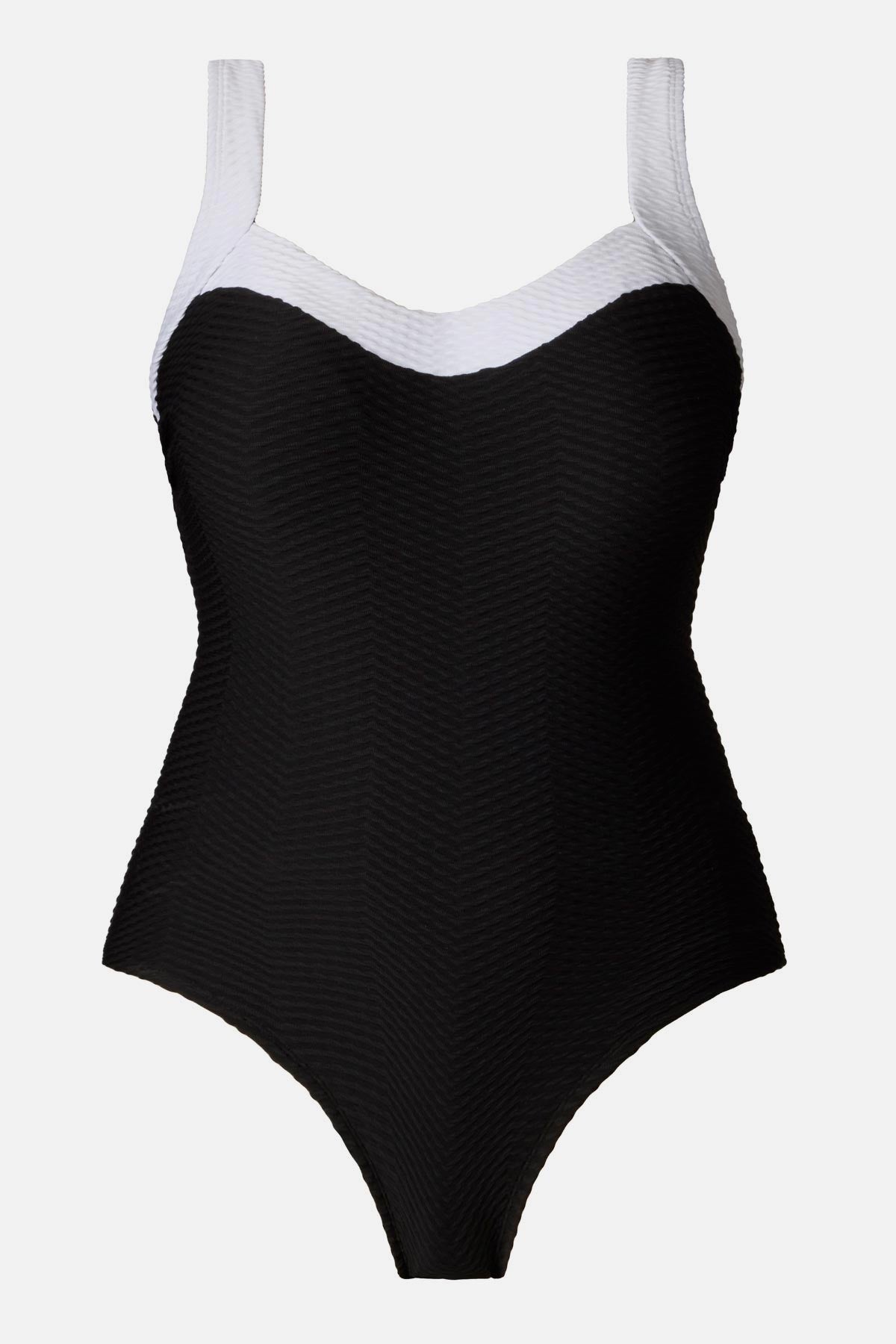 Black one-piece swimsuit with white trim along the straps and neckline