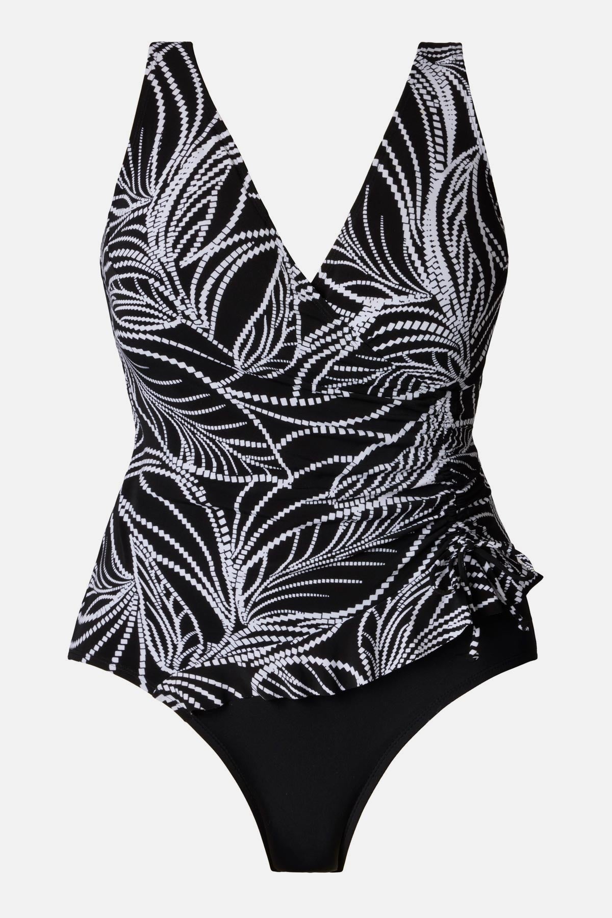 Black and white fern printed swimsuit with a side tie