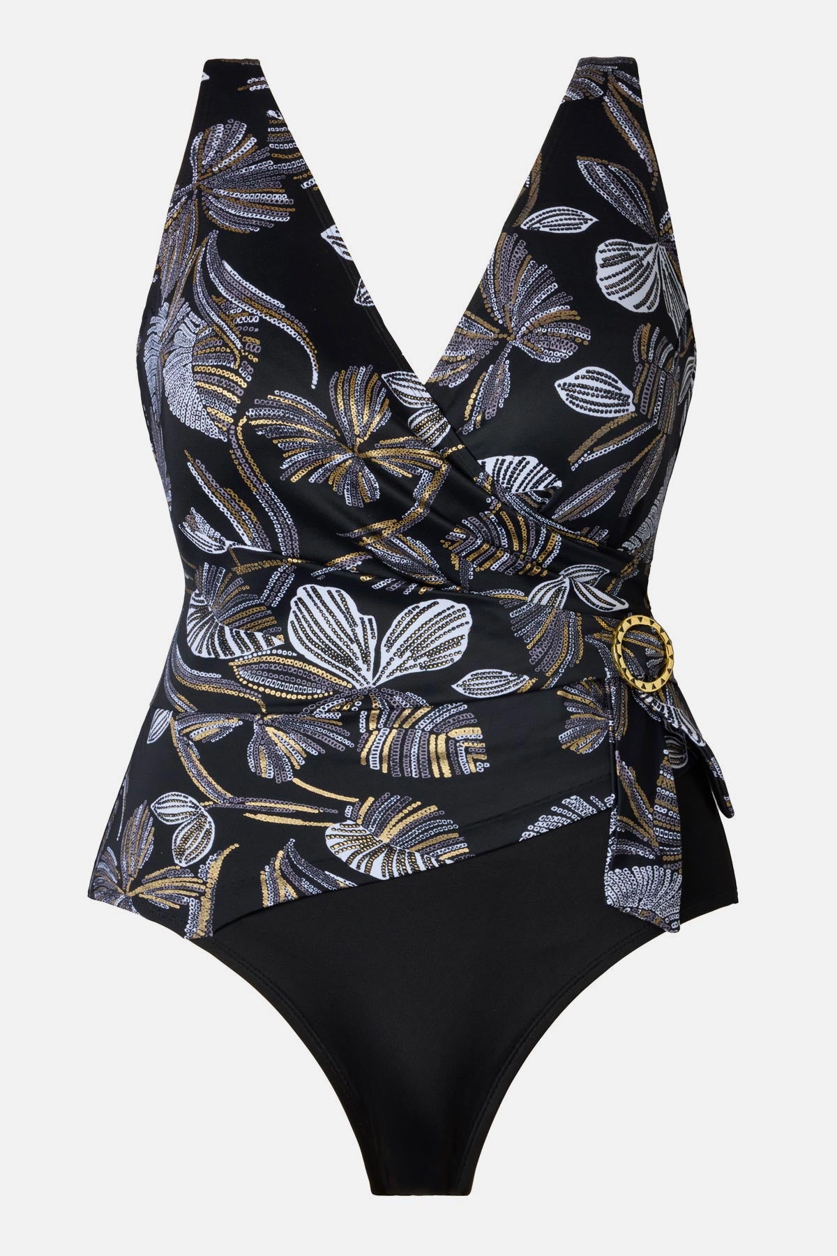 Gold and white floral printed one piece with a v-neck