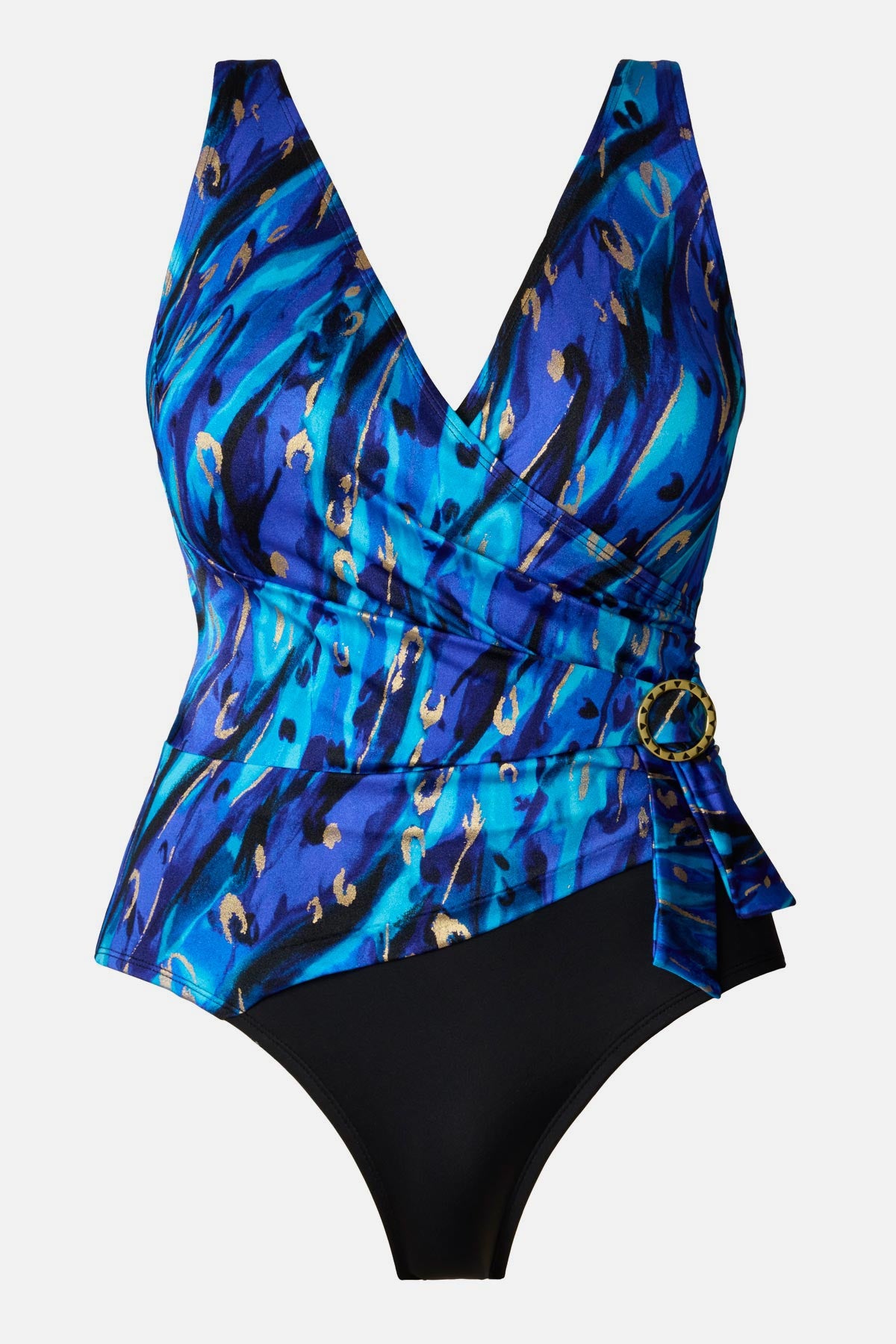 Blue and gold accented print one-piece swimsuit with a side sheer