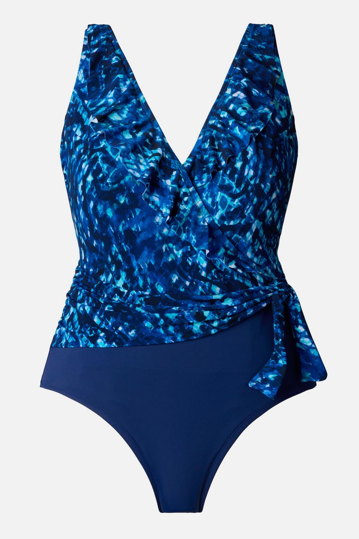 Blue abstract printed one-piece swimsuit with a side tie