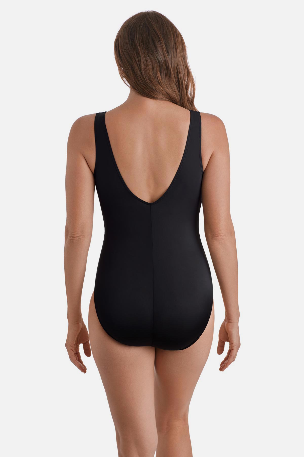 Woman turned away wearing a multicolor floral printed one-piece swimsuit