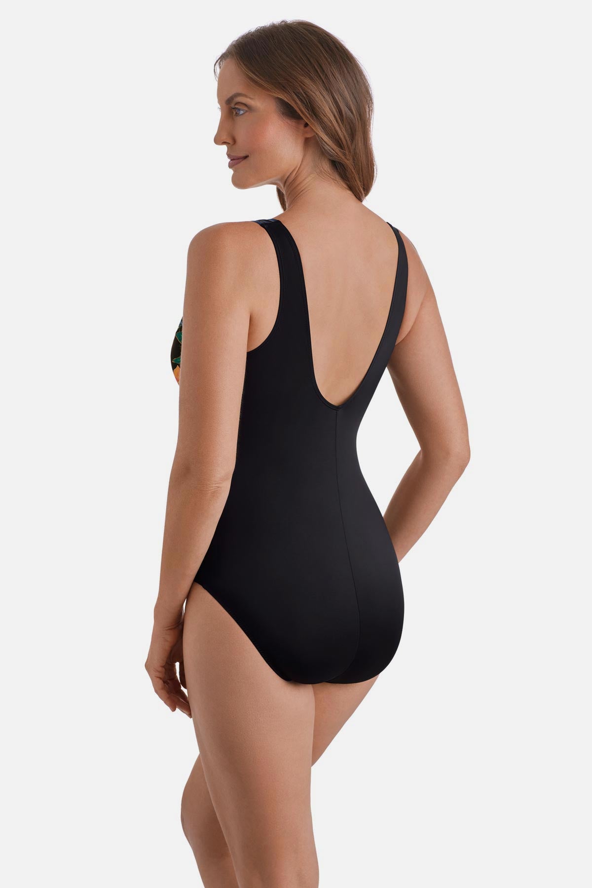 Woman turned left wearing a multicolor floral printed one-piece swimsuit