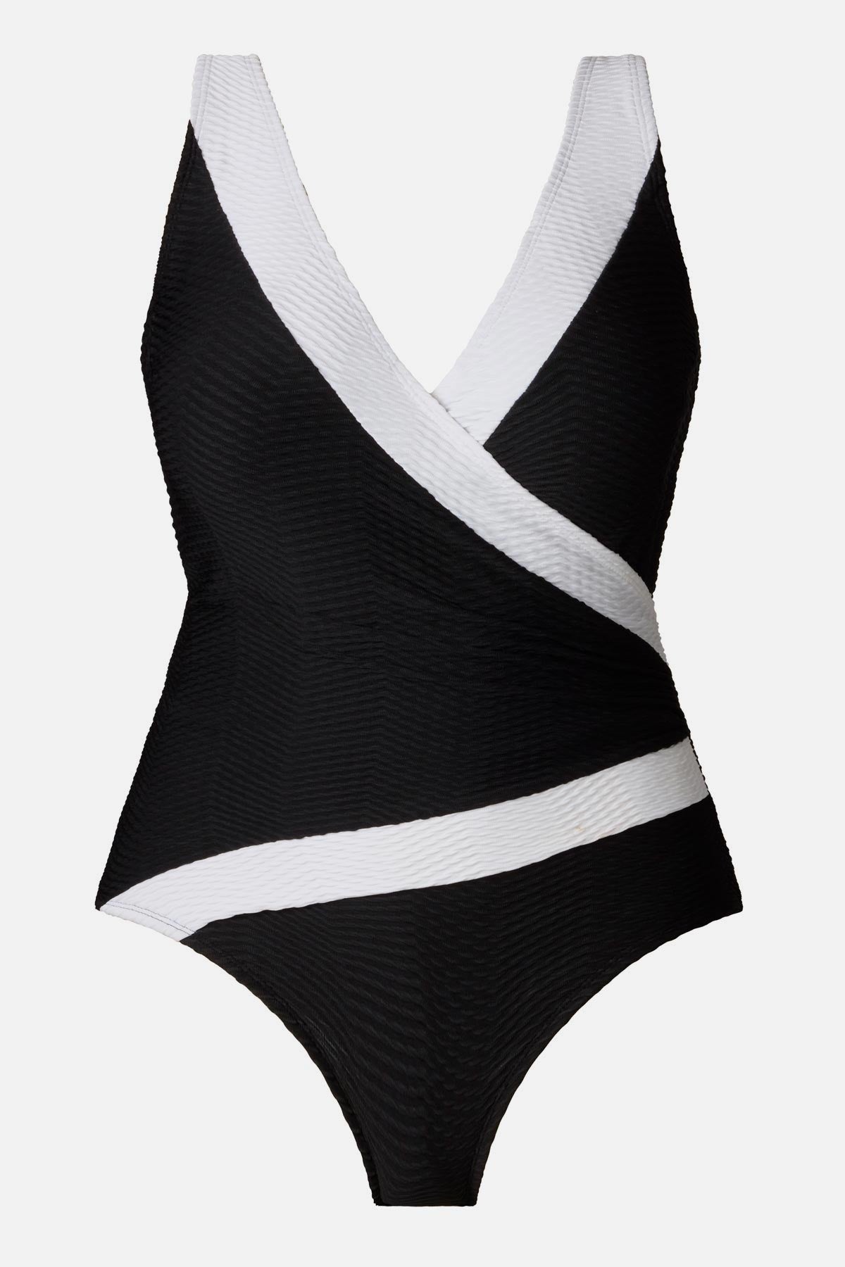Black one-piece swimsuit with white textured trim