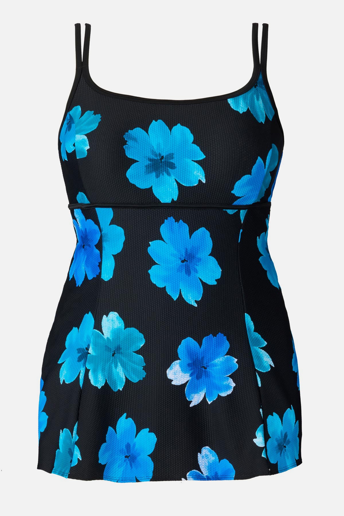 Black swim dress with large blue flowers