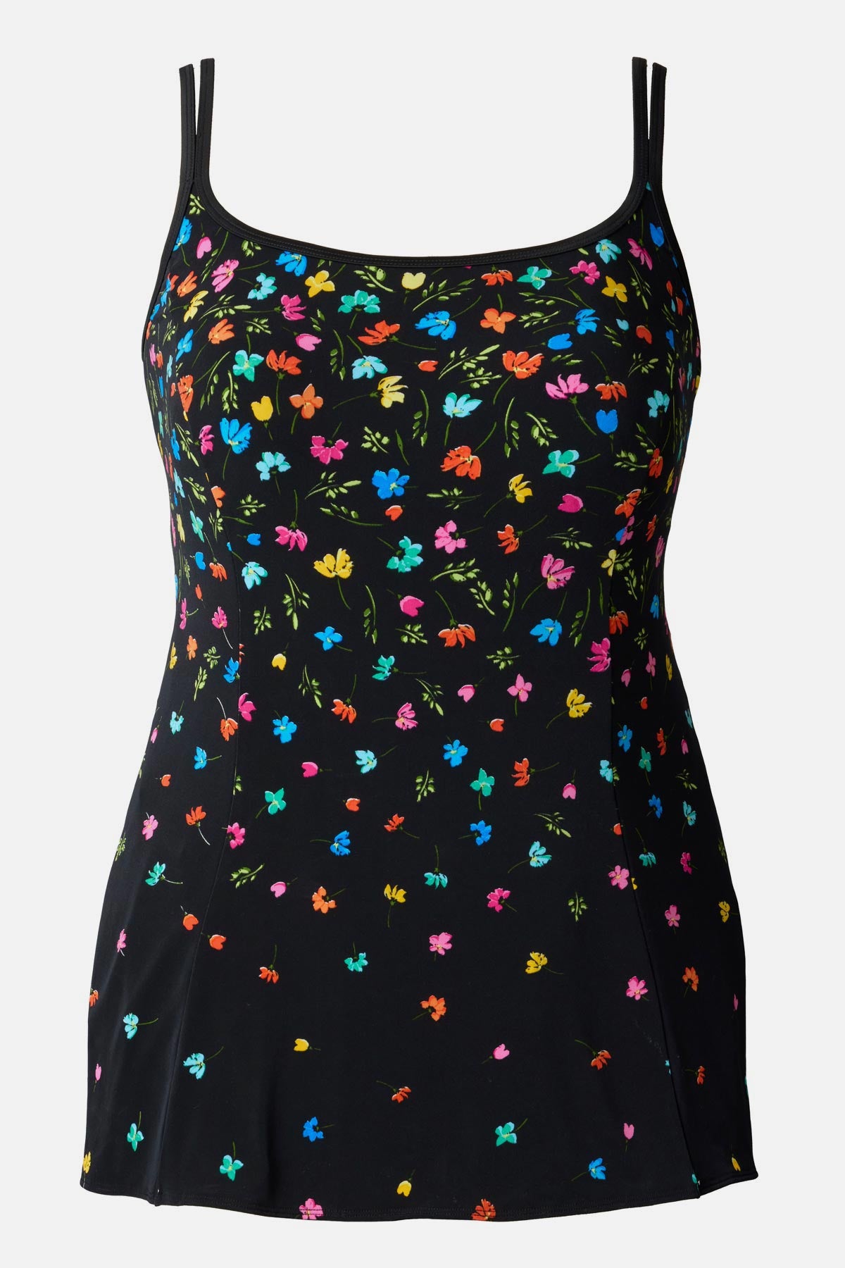Black swim dress with small multicolored flowers
