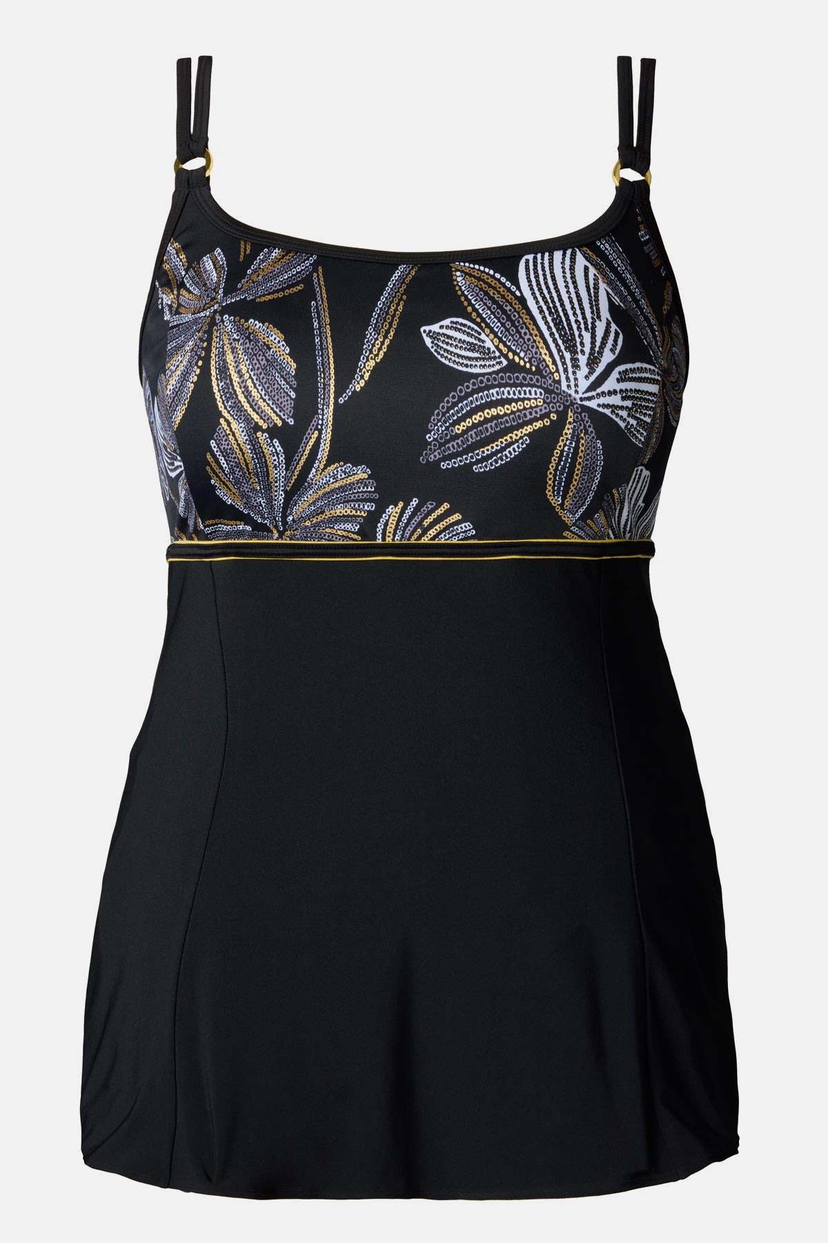 Swim dress with white and gold floral print on the bust