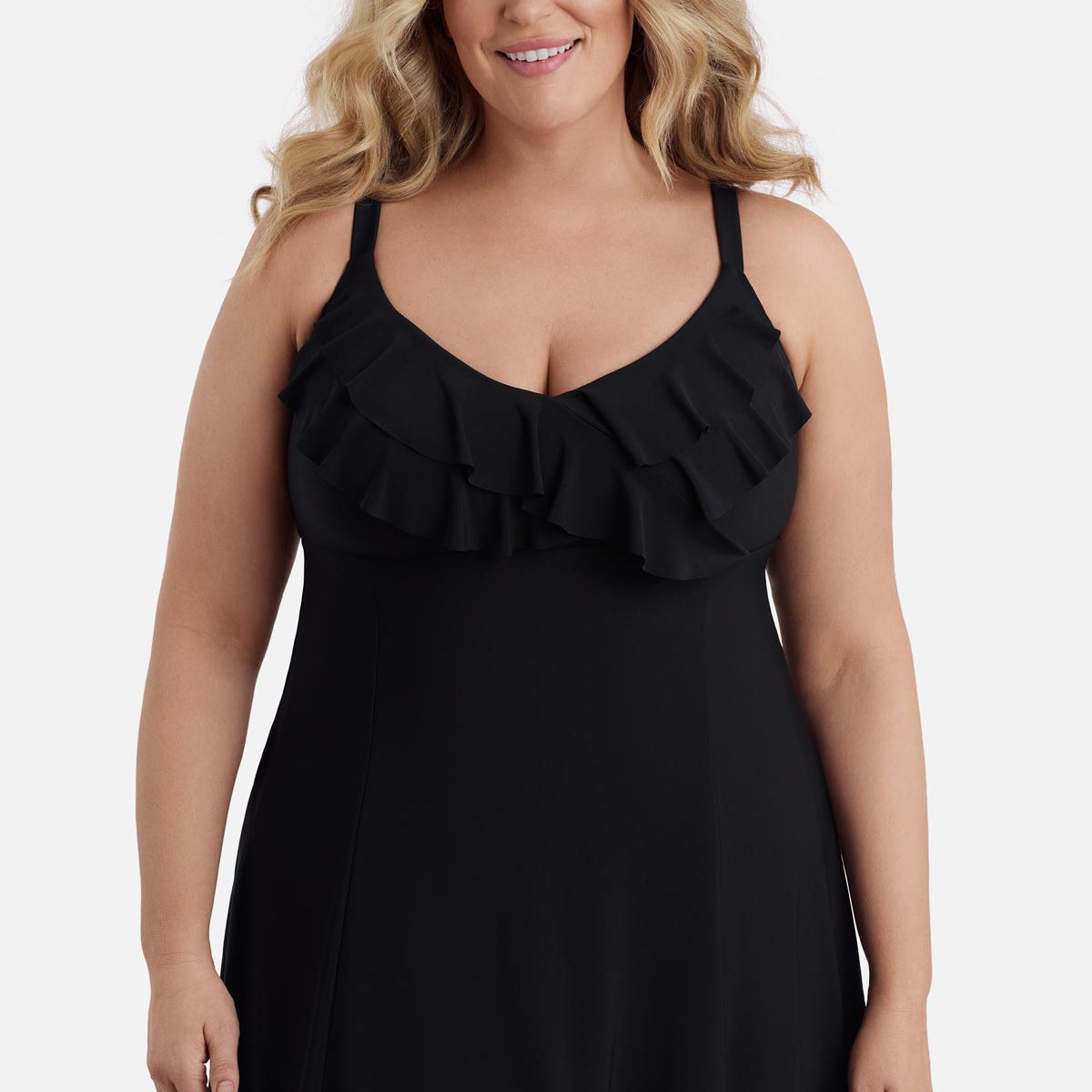 Longitude Plus Size Ruffle Swim Dress Black Solidtude 2.0 – Longitude Swim