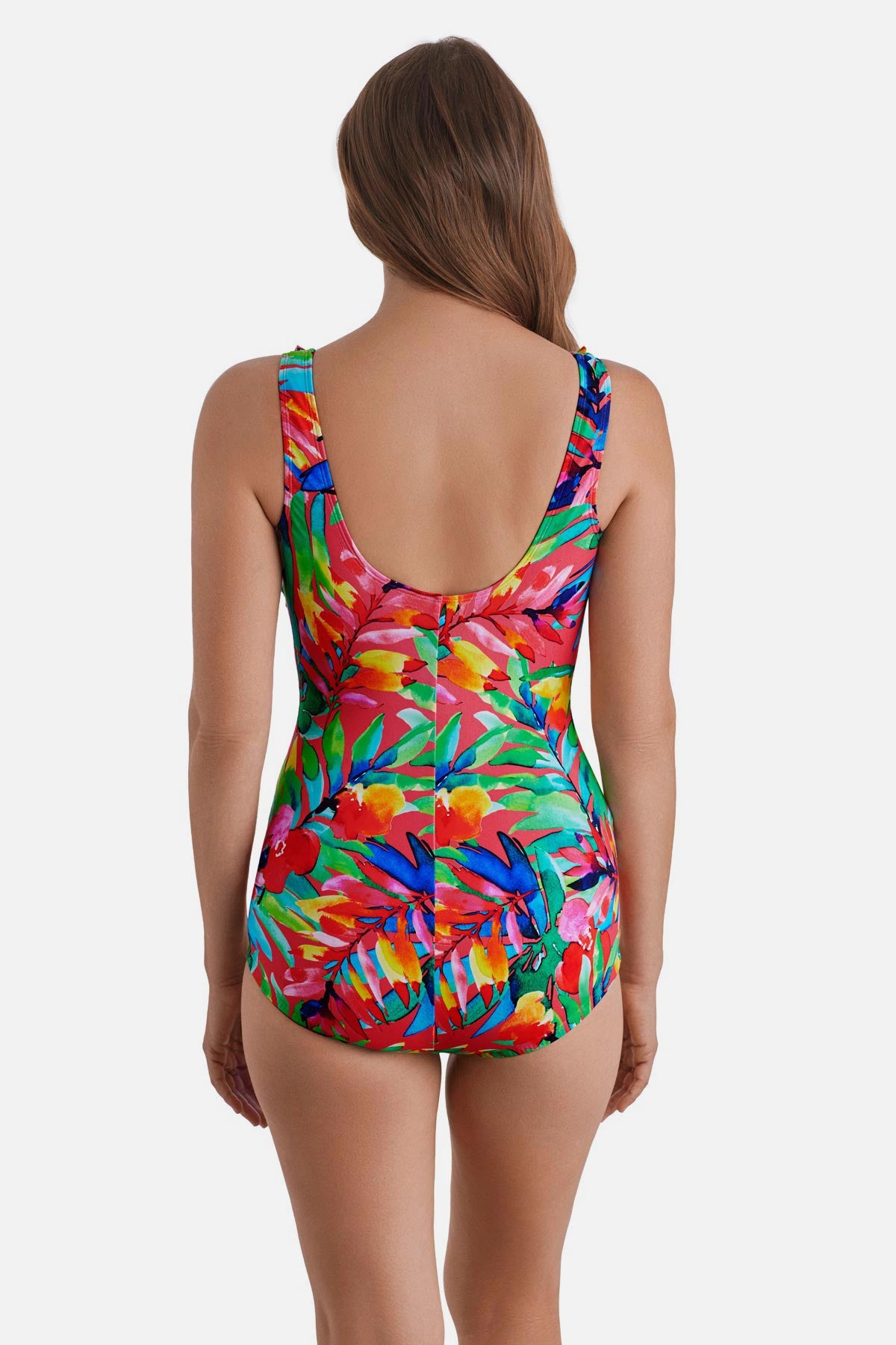Woman turned away wearing a multicolor palm leaf printed one-piece swimsuit