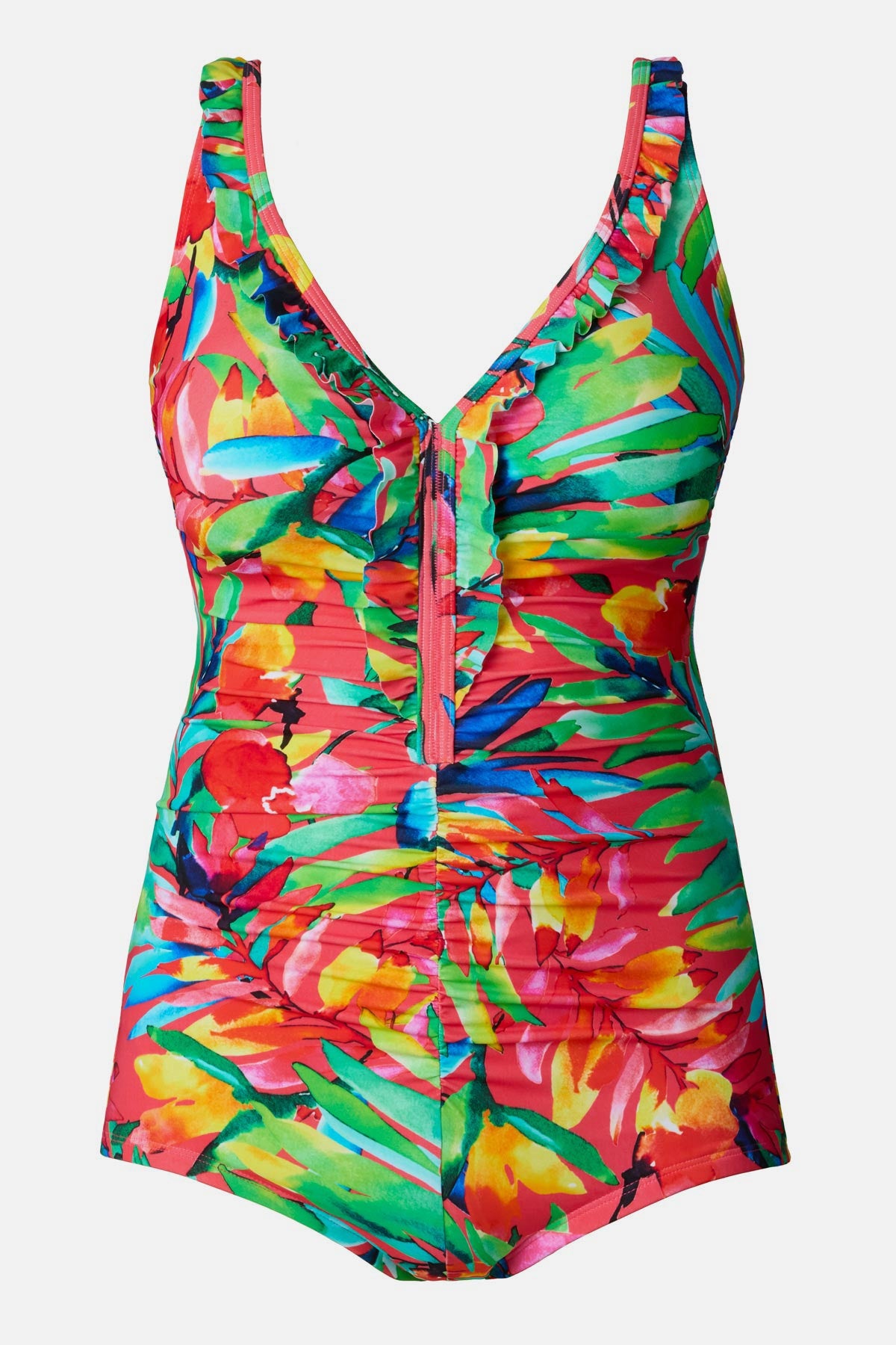 Multicolor palm leaf printed one-piece swimsuit with ruffles down the front