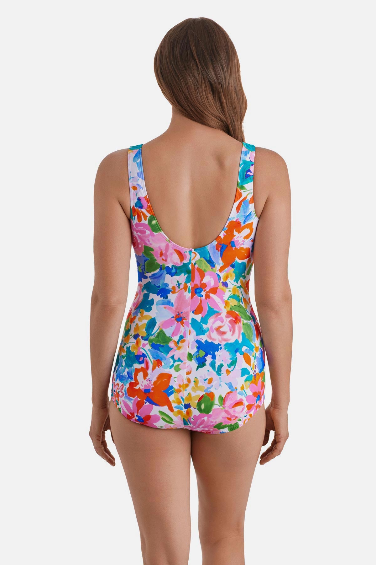 Woman turned away wearing a multicolor floral printed one-piece swimsuit