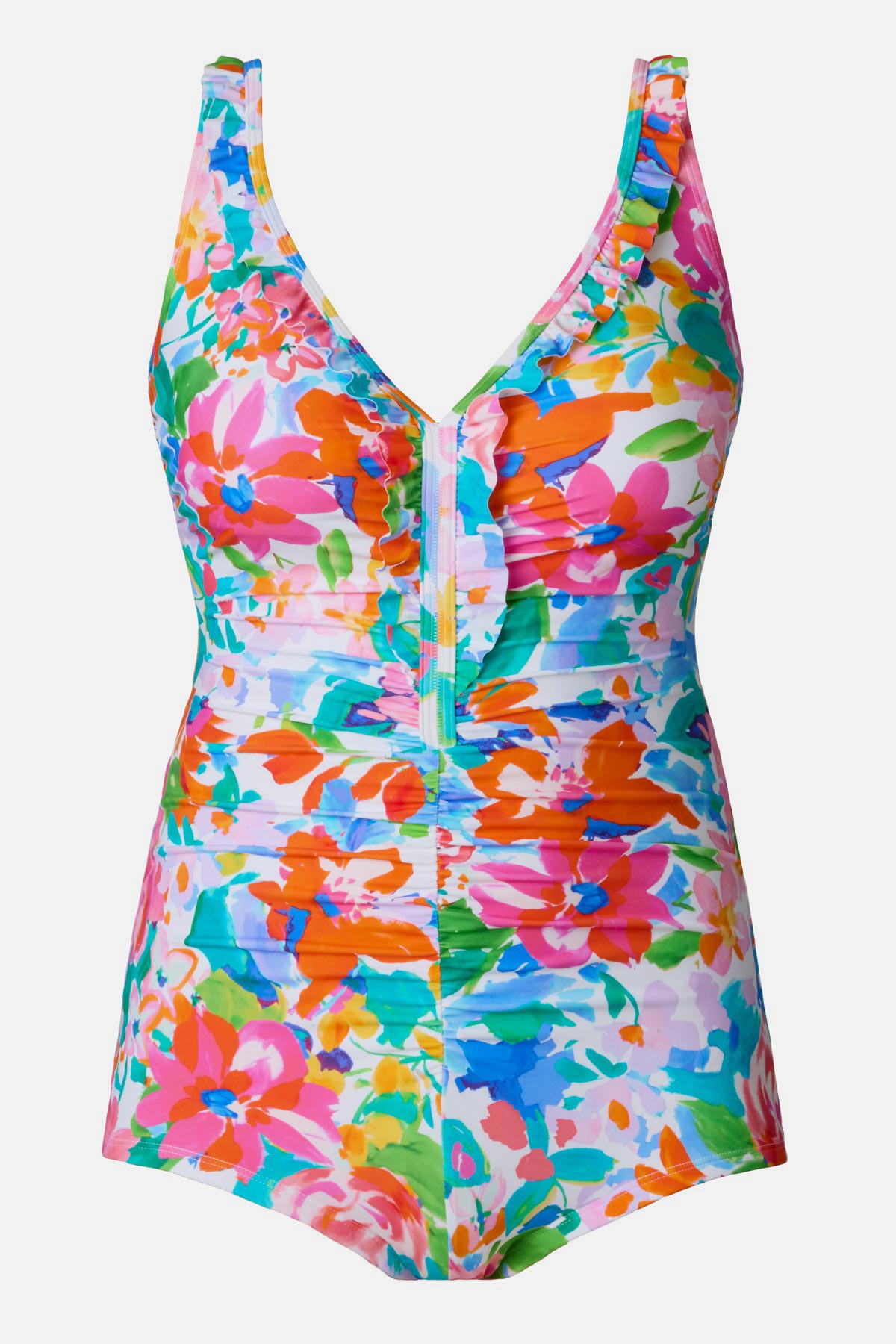 Multicolor floral printed one-piece swimsuit with ruffles down the front