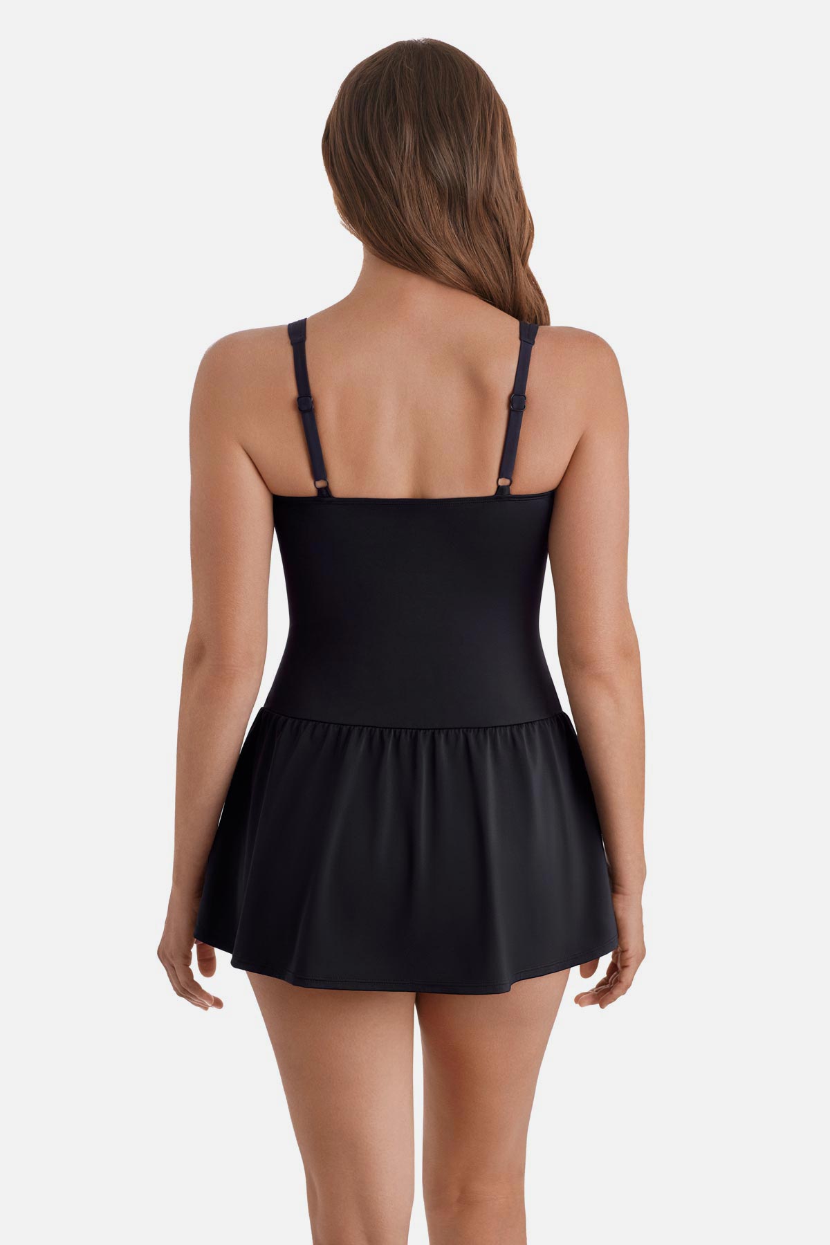 Woman turned away wearing an animal skin printed skater swim dress with a black skirted bottom