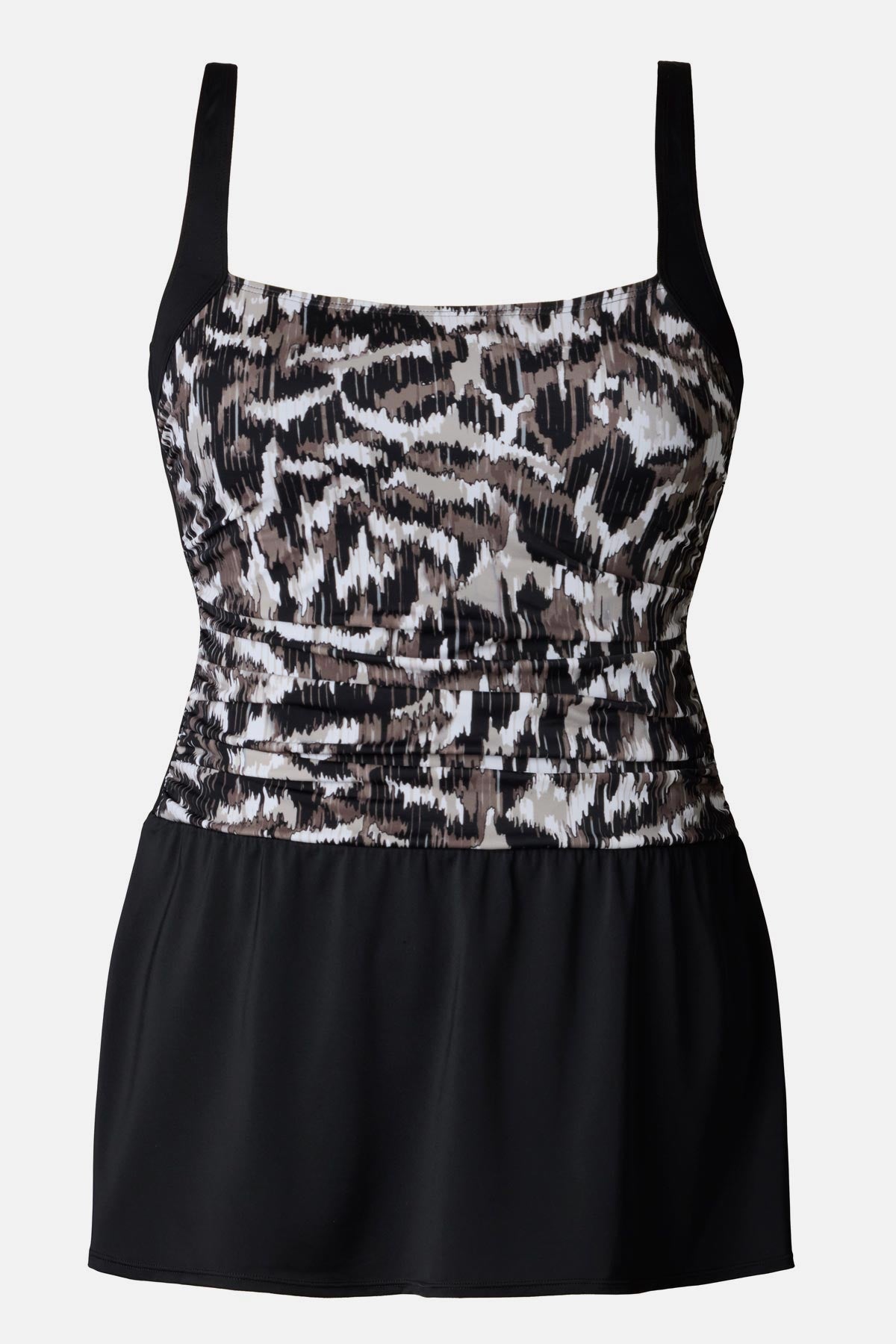 Animal skin printed skater swim dress with a black skirted bottom