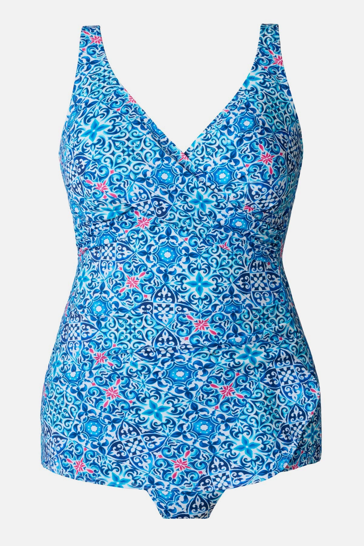 Blue tile printed one-piece sarong swimsuit