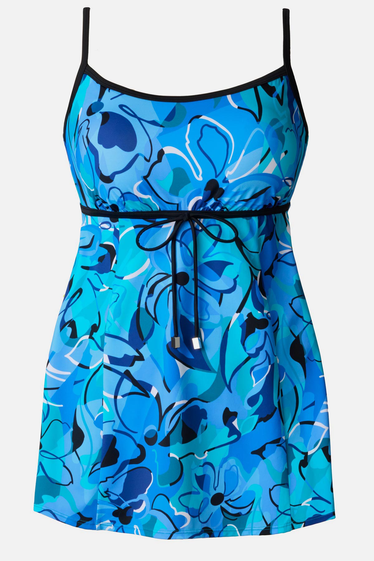 Blue floral printed swim dress with a tie around the waist