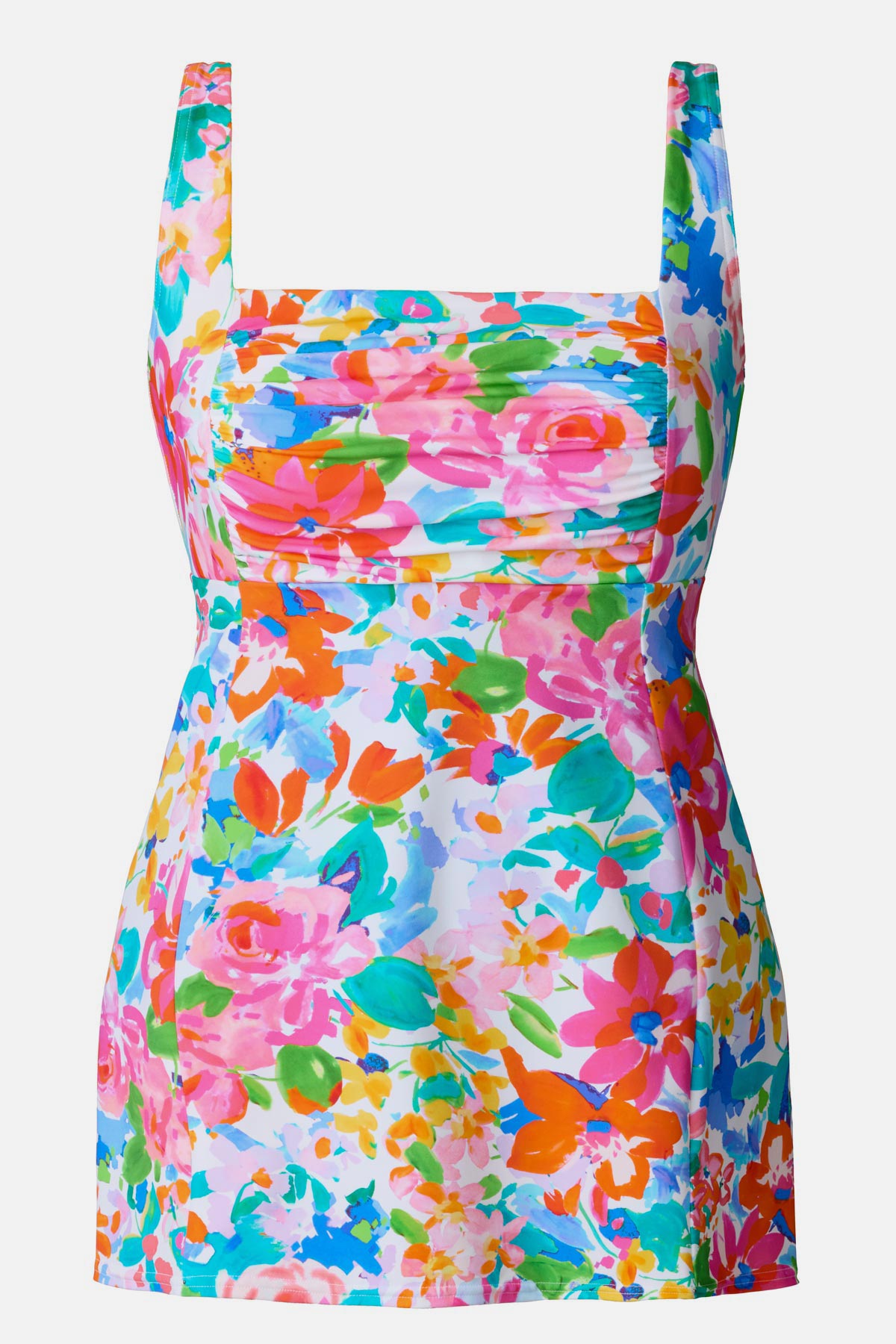 Multicolored floral print square neck swim dress