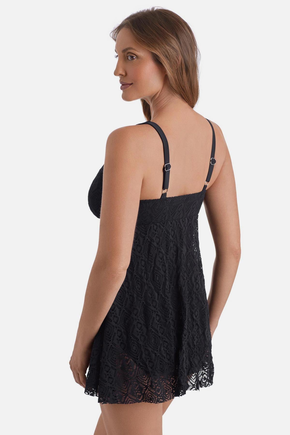 Woman turned left wearing a black crochet swim dress