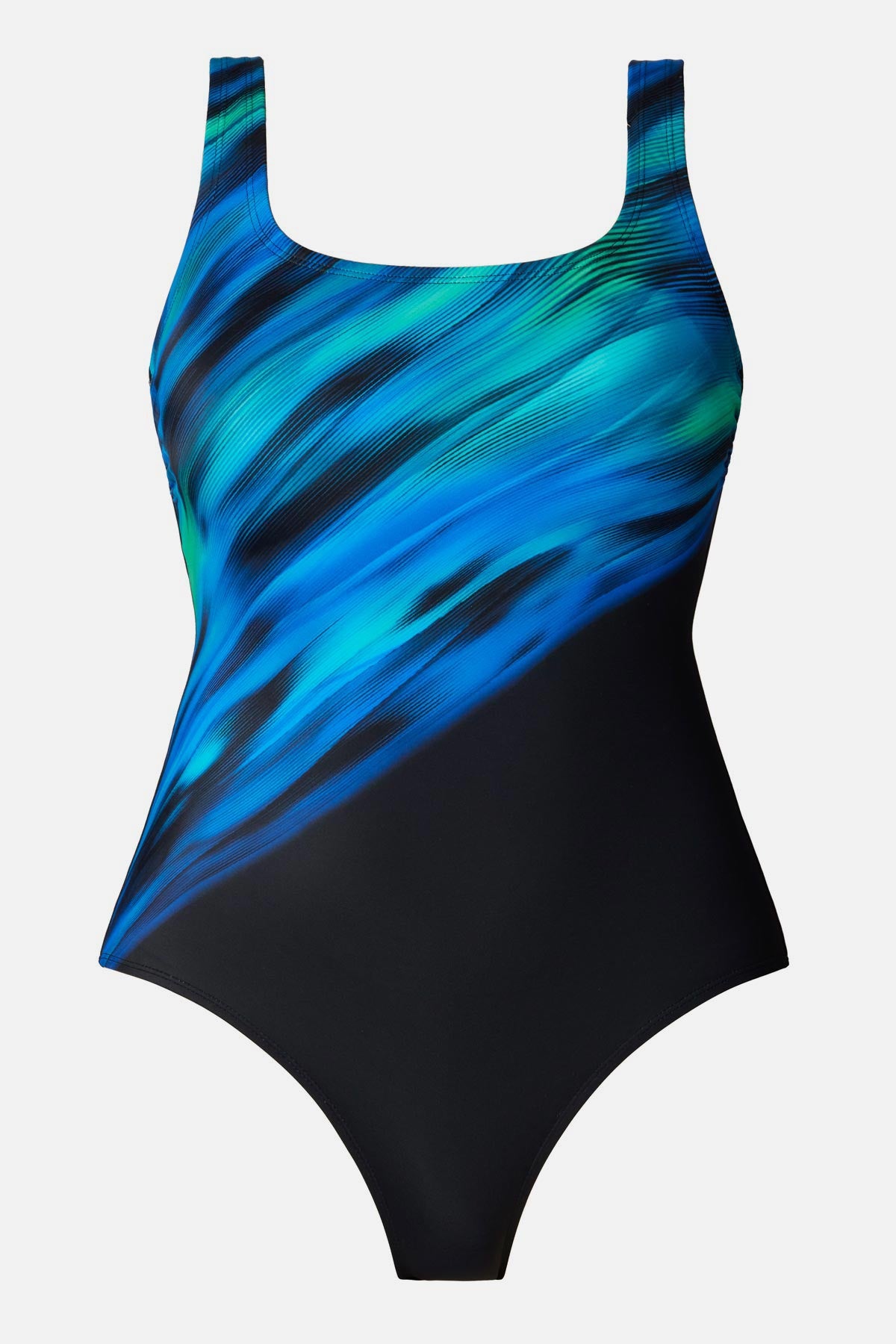 Blue and green tie dye one-piece swimsuit