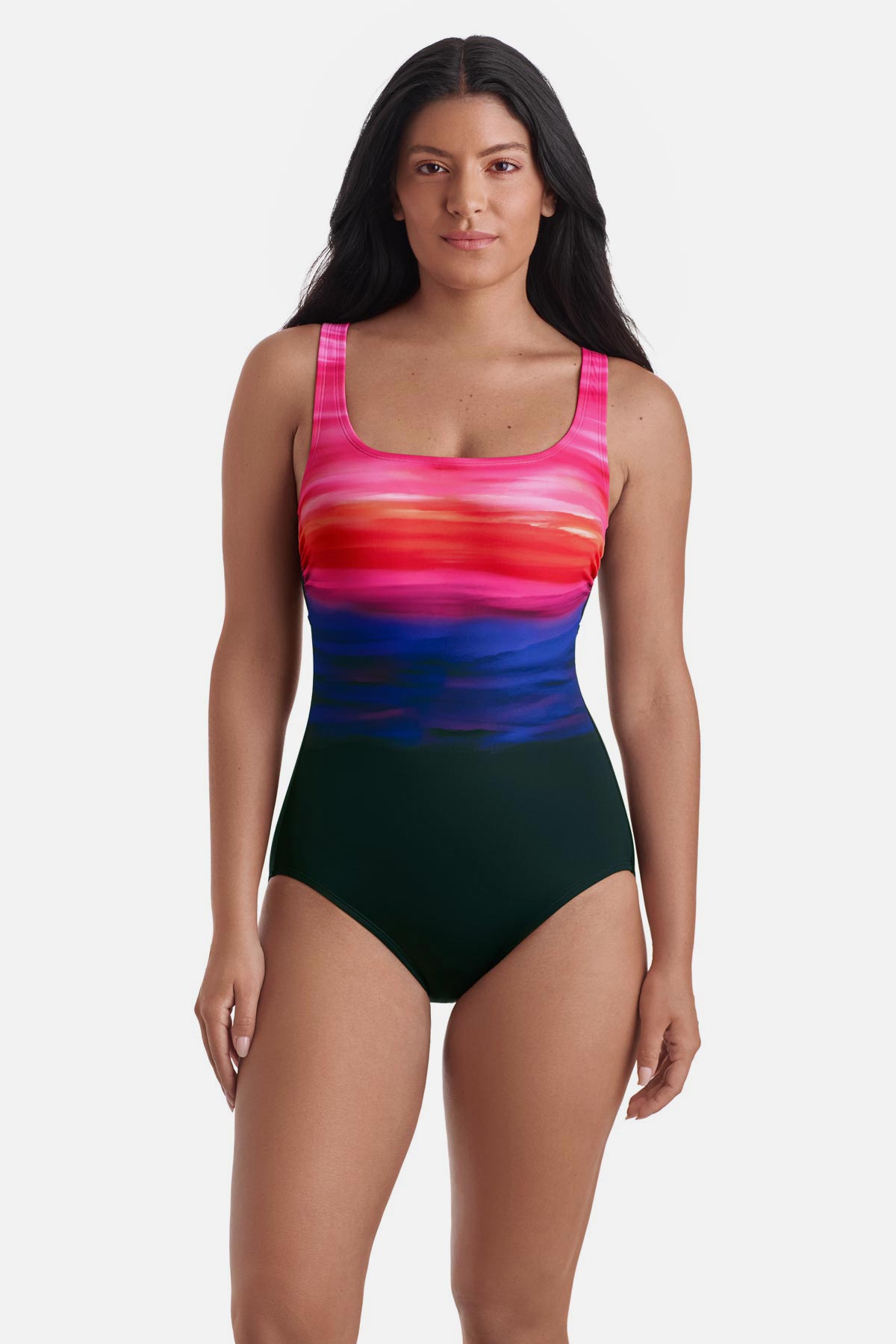 Woman wearing a multicolor gradient one-piece swimsuit