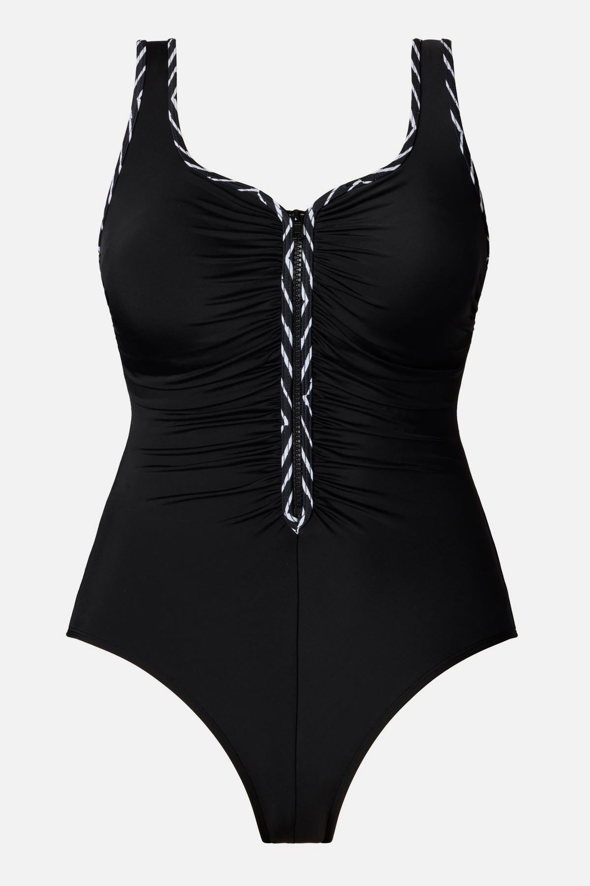 Black one-piece swimsuit with black and white piping on the edges