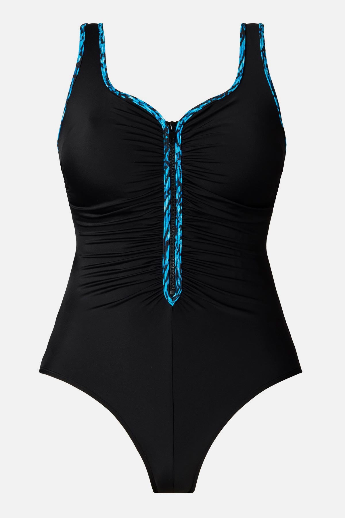 Black one-piece swimsuit with a blue braided piping on the edges