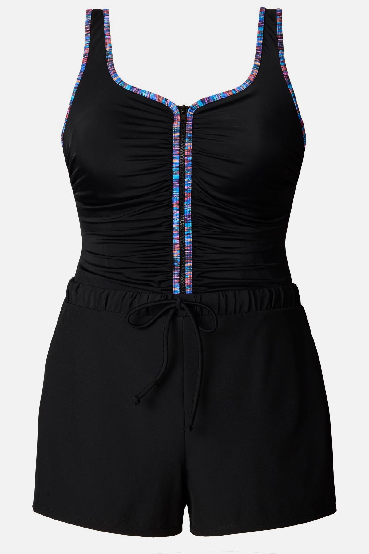 One-piece romper swimsuit with rainbow piping