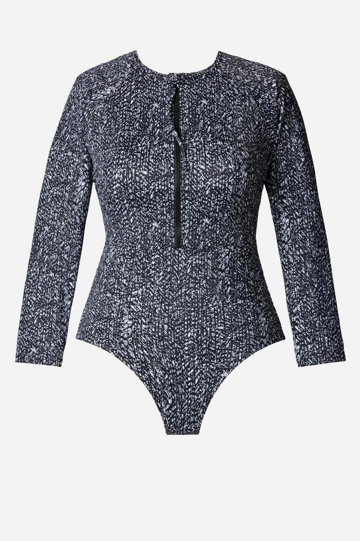 Long sleeve one-piece swimsuit with a black and white abstract print