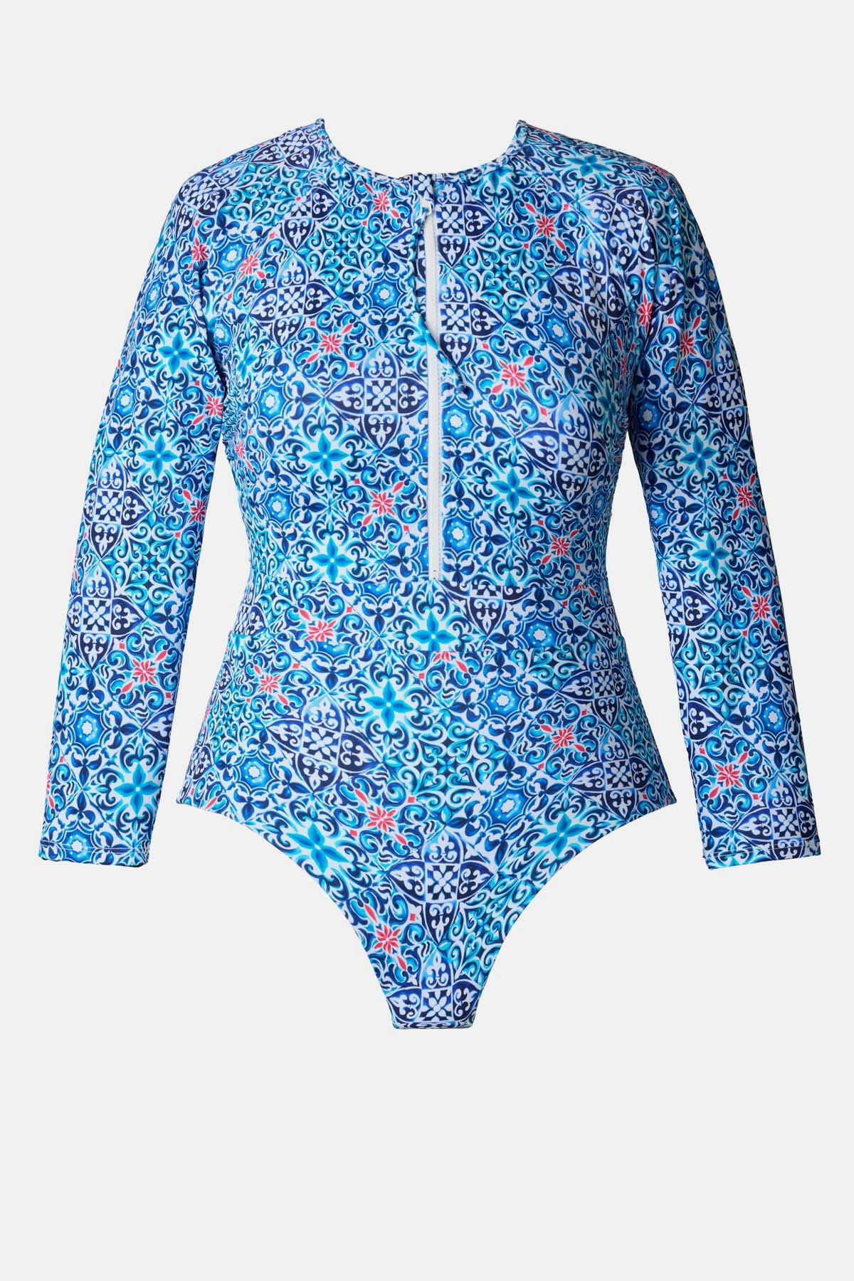 Long sleeve one-piece swimsuit with a blue tile print