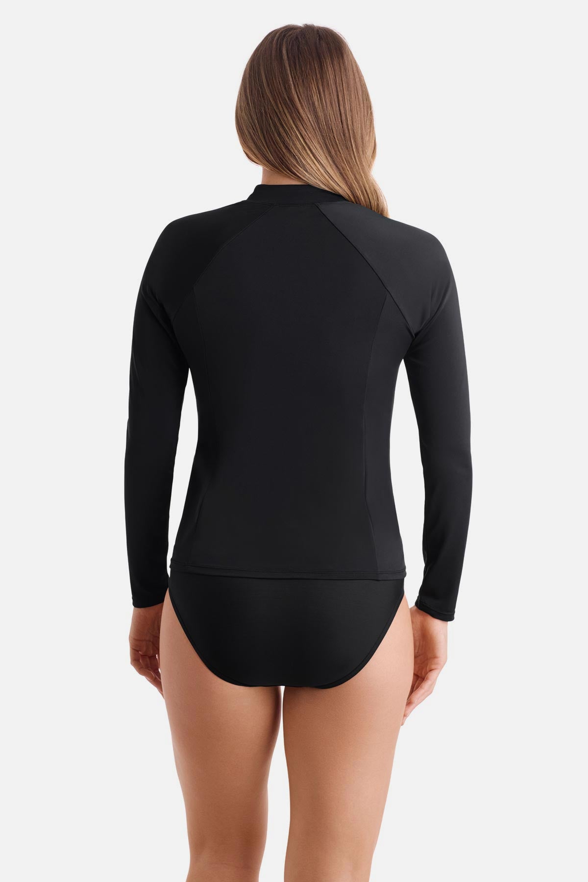 Woman turned away wearing a black zip up sunshirt