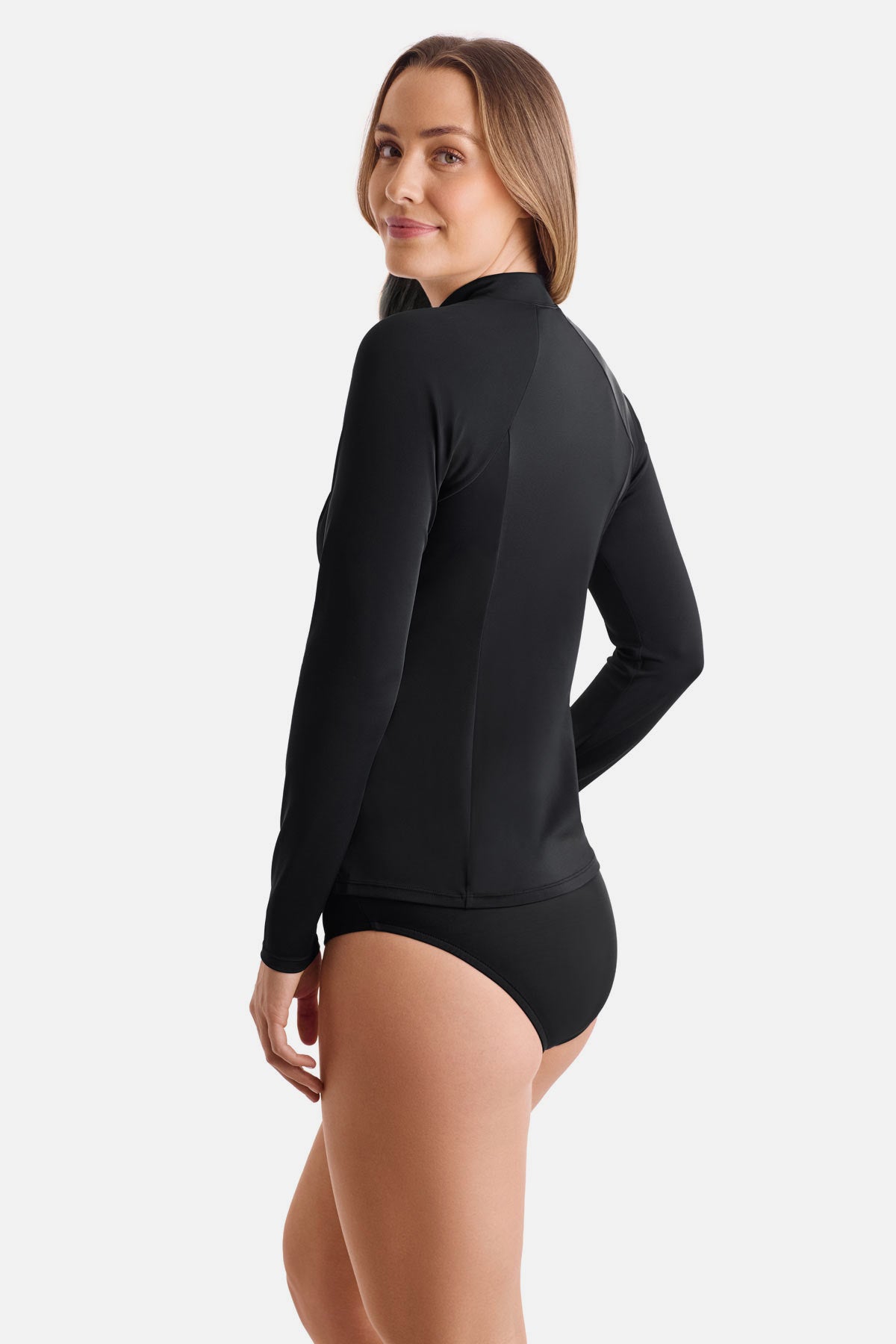 Woman turned left wearing a black zip up sunshirt