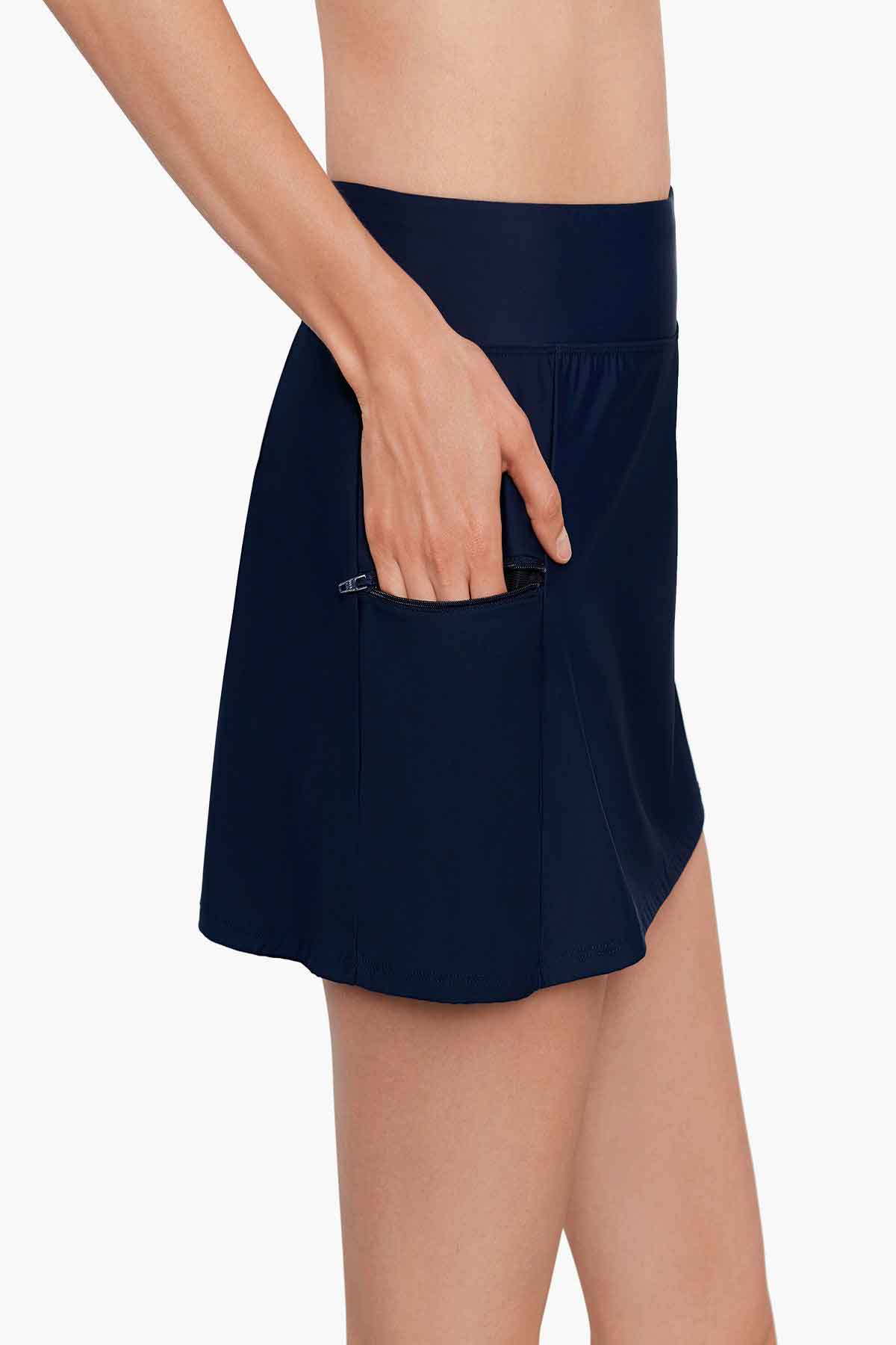 Side view of navy-blue swim skort