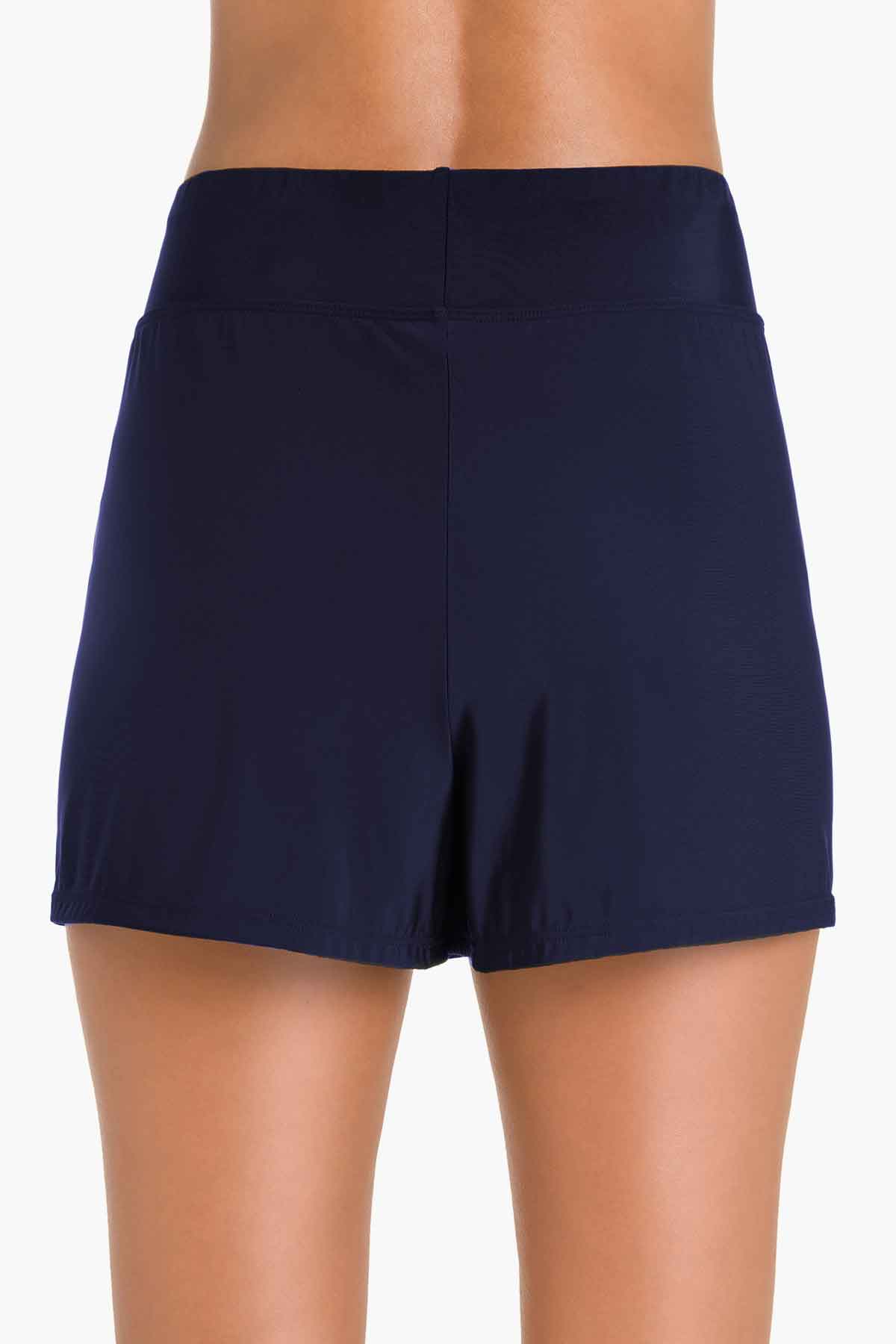Back view of navy-blue swim shorts