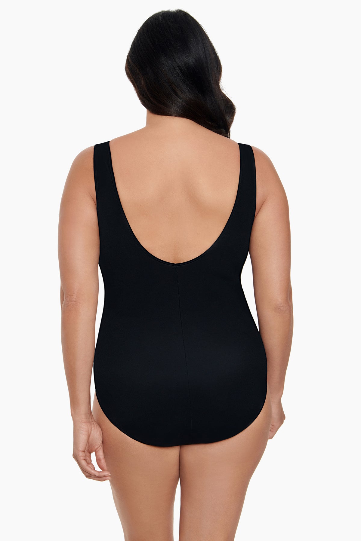 Woman faced away wearing a black one-piece swimsuit