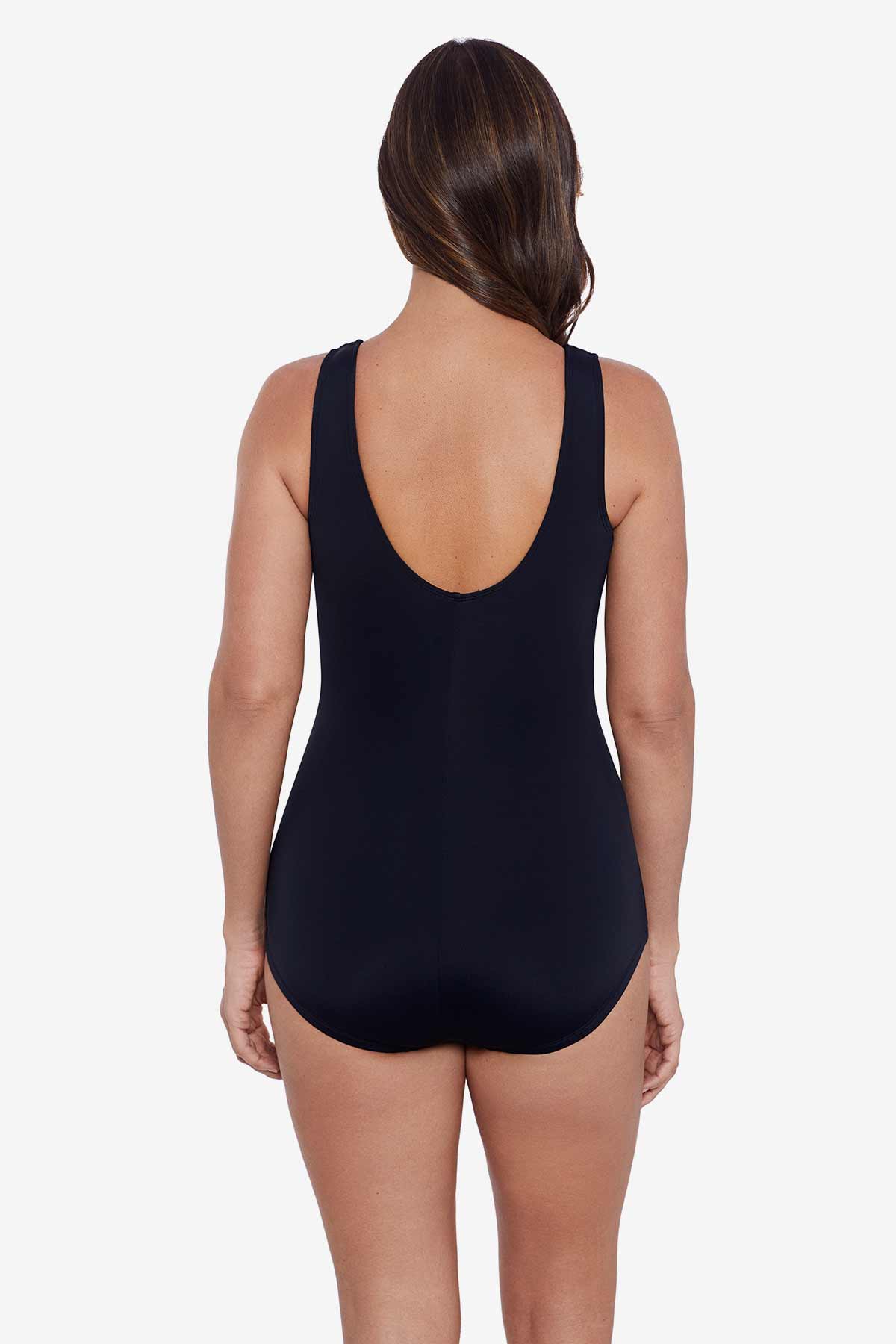 Woman faced away wearing a black one-piece swimsuit 